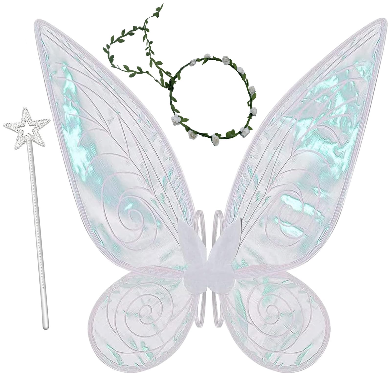 Fairy Wings (60cm*48cm), Fairy Wings for Adult Women Kids Girls White Butterfly Wings for Adult, with a Magic wand & Halo, Halloween Costume Angel Wings Birthday Chrismas Themed Party