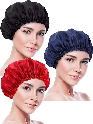 Blulu Gorro de satén para dormir de 3 piezas, turbantes de cabello suave para mujeres y niñas (negro, rojo, azul marino)