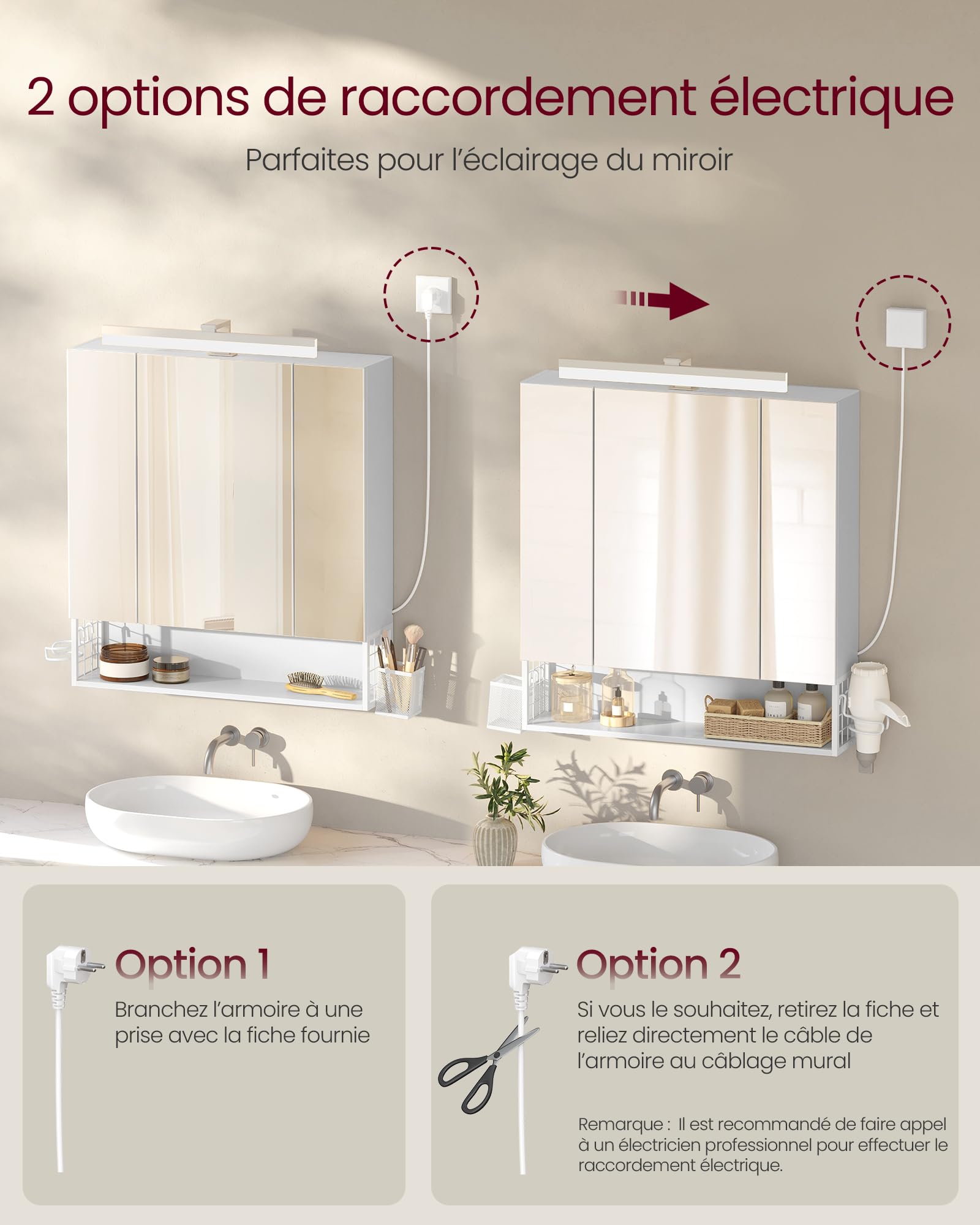 VASAGLE Meuble de Salle de Bain avec Éclairage LED, 16,5 x 70 x 75 cm, Multiprise, Panier Suspendu, Support pour Sèche-Cheveux, pour Salle de Bain, Lavabo, Blanc Nuage BBK126W01