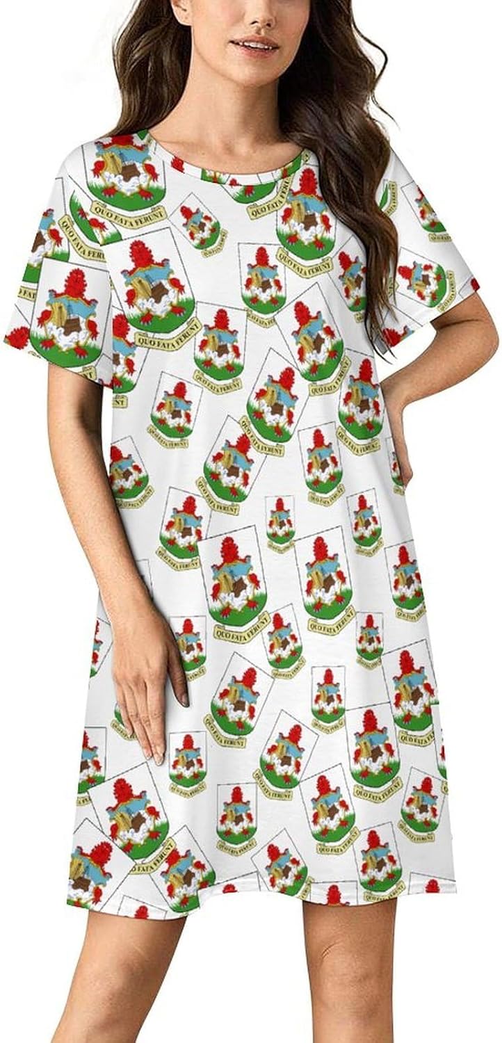 Coat of Arms of Bermuda Nightgowns for Women Short Sleeve Sleep Dress Casual Sleepshirt Night Gowns Pajamas