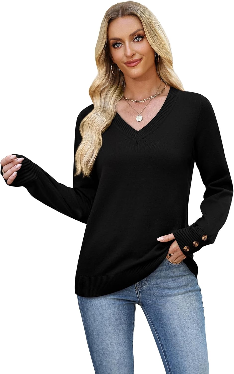 WIHOLL Lightweight Sweaters for Women Long Sleeve V Neck Knit Outfits with Decorative Buttons - Image 4