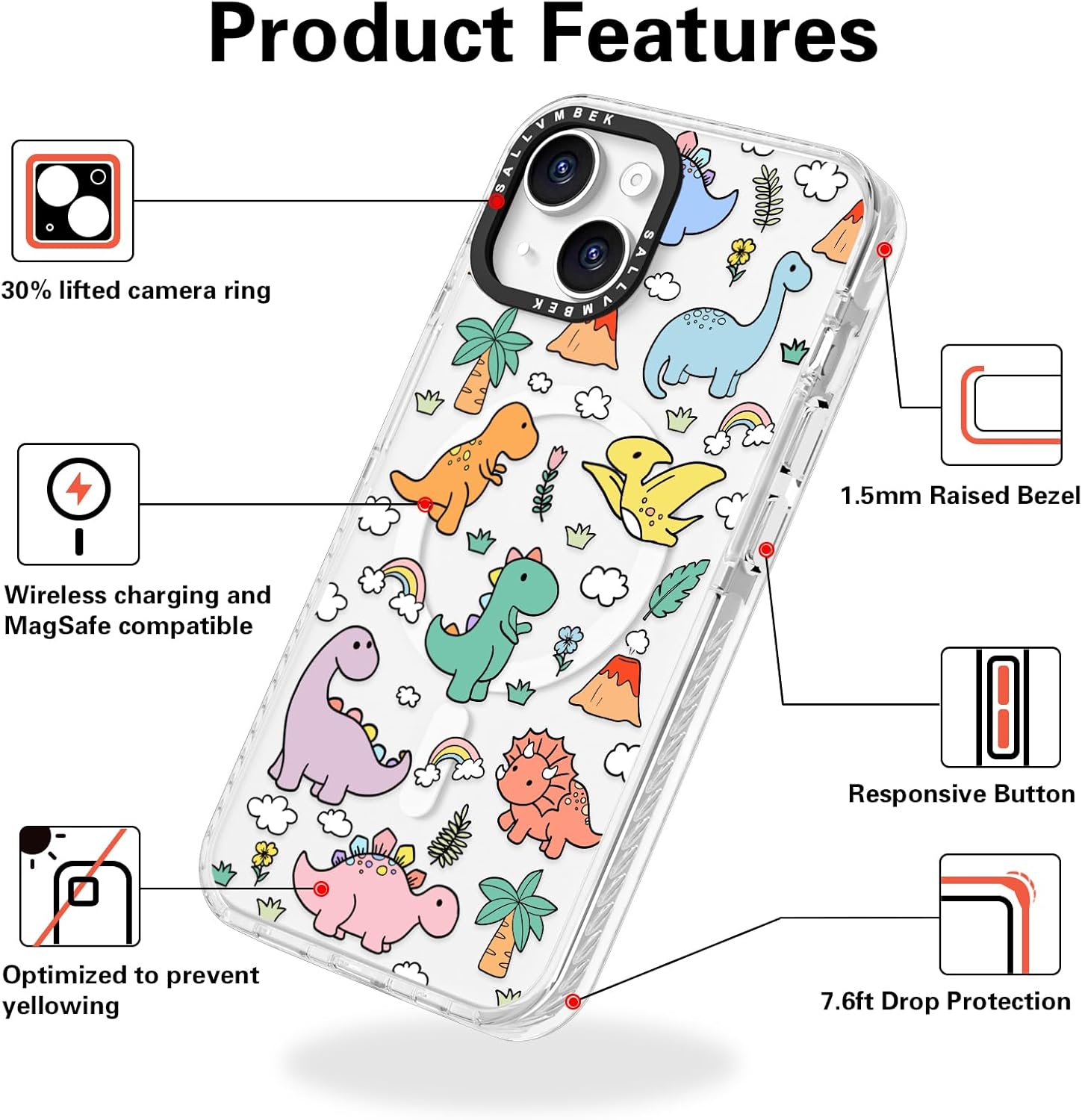 for iPhone 15 Case 6.1 inch,Compatible with MagSafe,Cute Dinosaur Print Pattern,Magnetic Shockproof Protective TPU Bumper Cases Cover for iPhone 15 Women Girly - Image 6