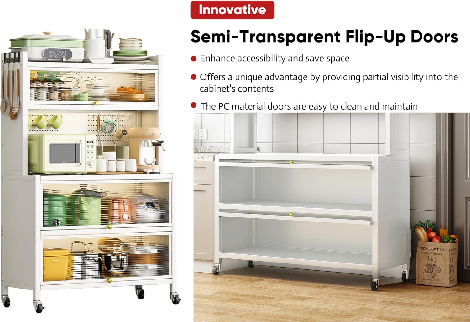 JOYBASE Kitchen Pantry Storage Cabinet with Doors and Wheels, 65" Tall Freestanding Buffet Pantry Cabinet with Microwave Stand Pantry with Storage (White, Steel)