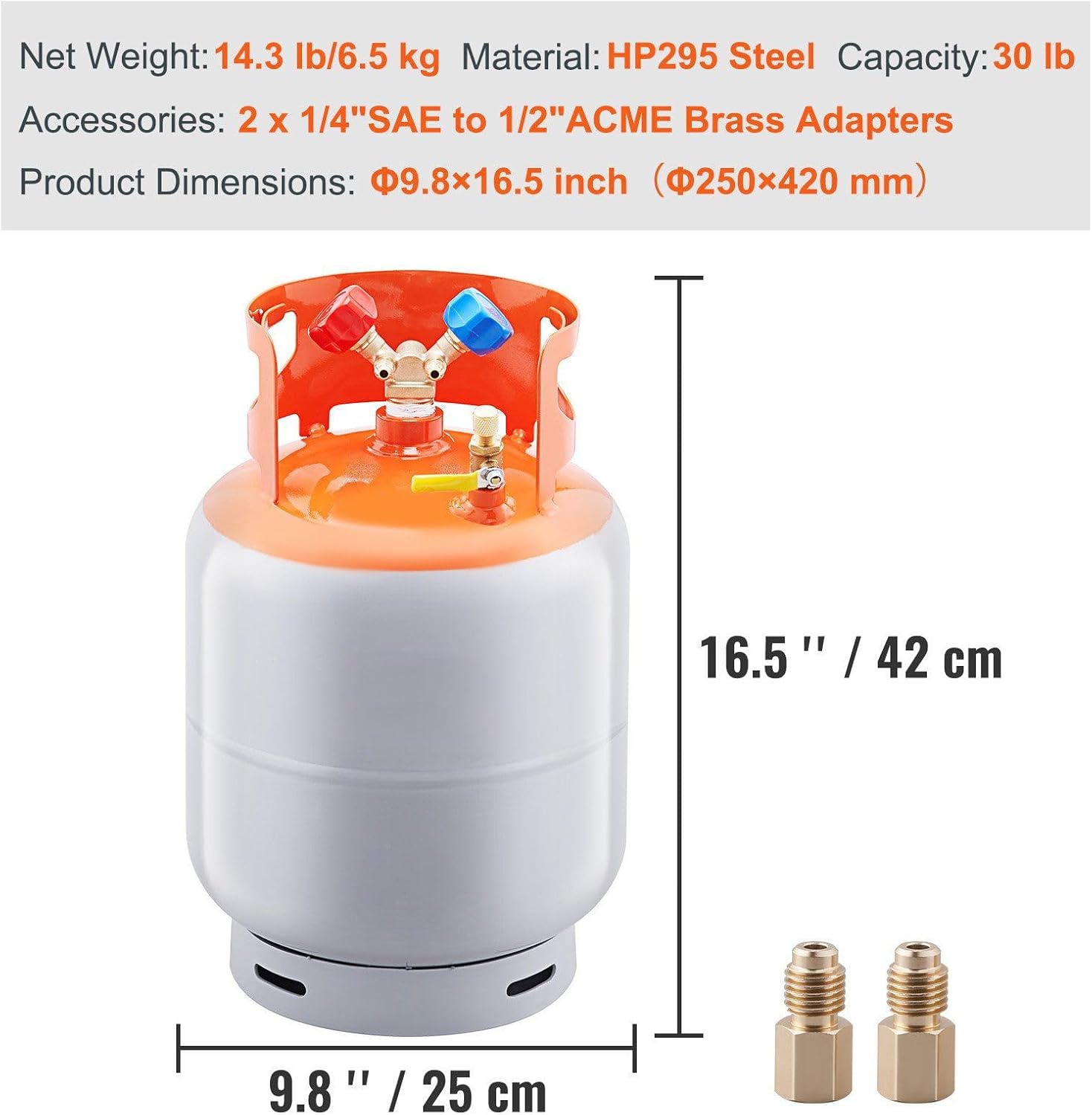 30lb Refrigerant Recovery Cylinder Tank – 400 PSI Liquid Rated Y Valve Reclaim Tank for R134a, HVAC, Car AC, Refrigerator, Leak-Free & Durable