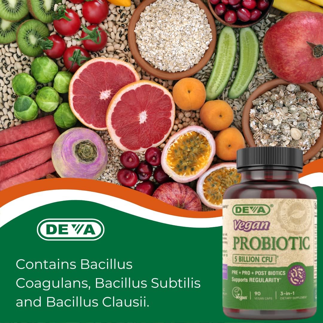 DEVA Vegan Probiotic Supplement - Pre, Pro, and Postbiotics for Digestive Health, 5 Billion CFU, Dairy Free FOS Prebiotics and Probiotics for Women and Men, Vegan Capsules