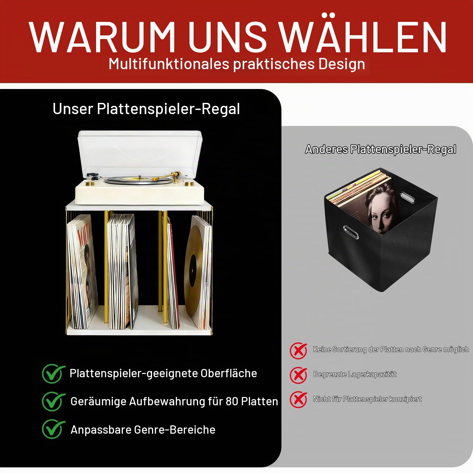 Schallplatten Aufbewahrung, Schallplattenständer für 80-100 LPs, Holz & Metall Vinyl Schallplatten Halter Organizer für Bücher, Fotoalben, Zeitschriften