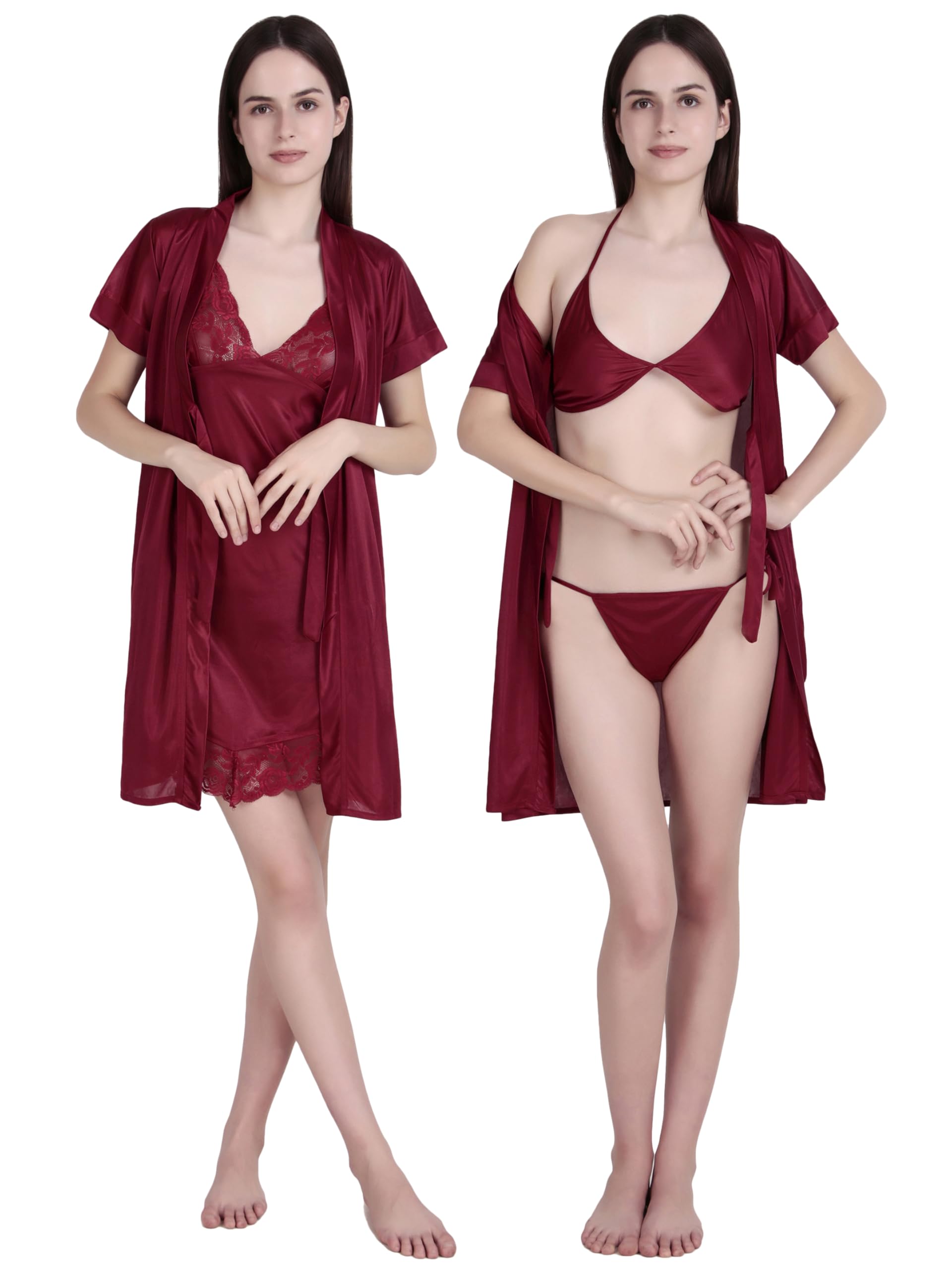 Women's Satin Solid Above Knee Length Nighty with Robe and Bra with Thong (Size__Free Size) (Nightwear Set Pack of 4)-image-32
