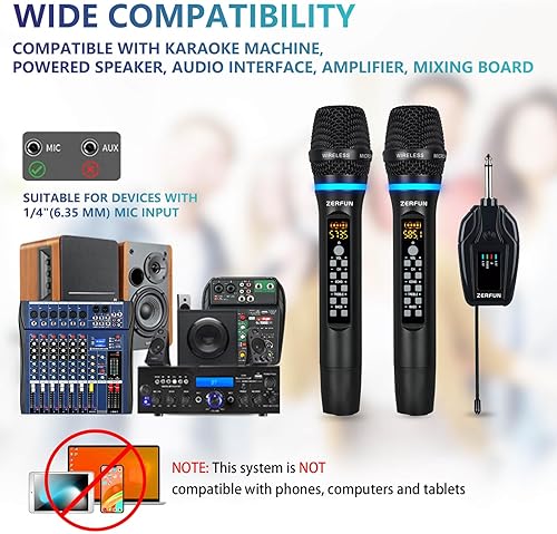 Miniatura 2 de Micrófonos inalámbricos duales recargables, sistema de micrófono inalámbrico de metal UHF, micrófono inalámbrico profesional con Echo Treble BASS