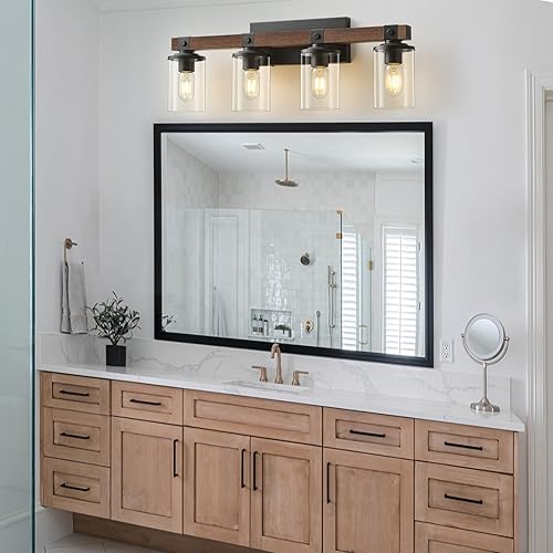 Miniatura 6 de Lámparas de tocador de baño, 4 luces, luces de madera rústicas de baño sobre espejo con pantalla de vidrio transparente, aplique de pared industrial