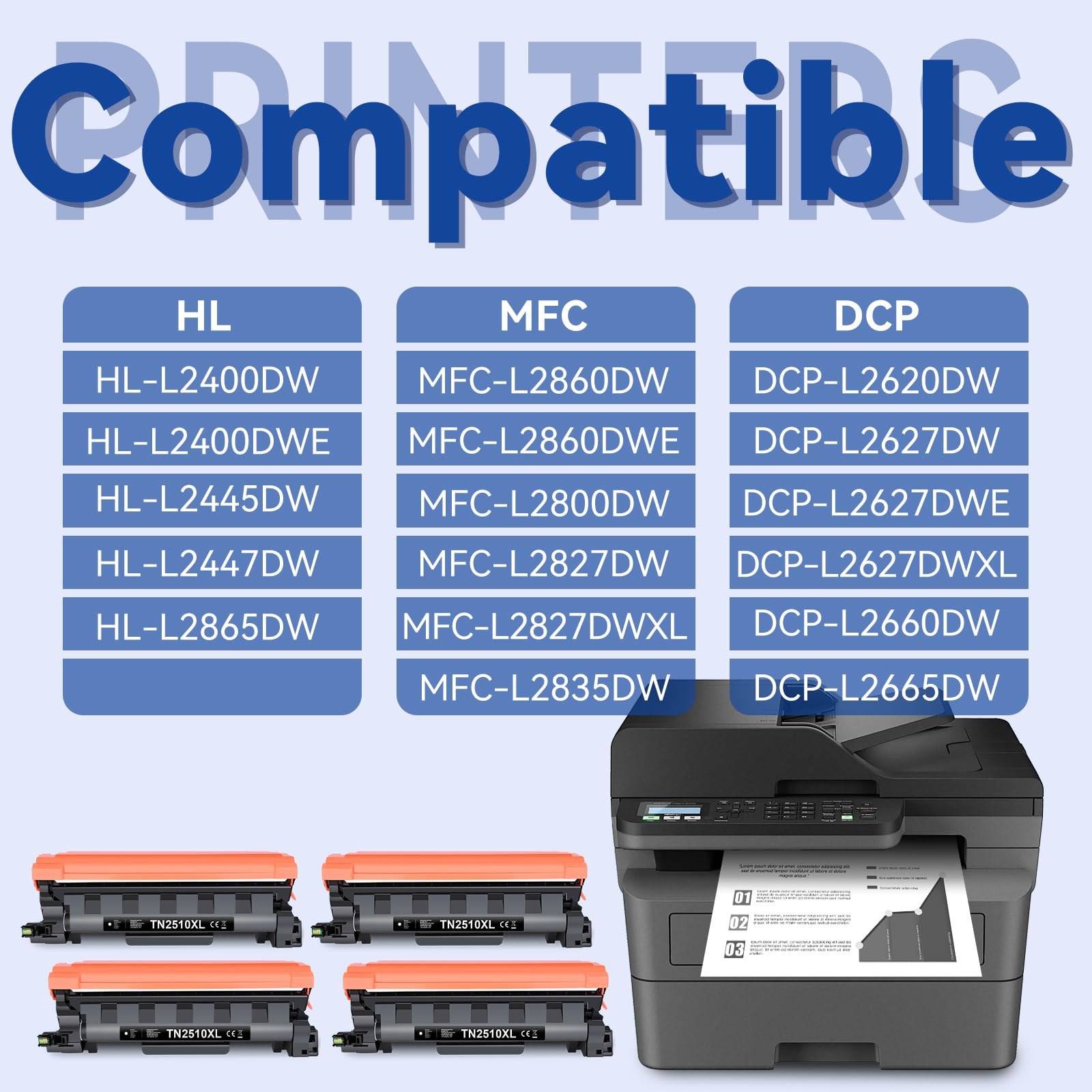 Lemero TN2510 TN2510XL Toner compatibile per Brother MFC-l2827dw Toner HL-L2400DWE MFC-L2800DW MFC-L2835DW MFC-L2860DW HL-L2445DW DCP-L2660DW DCP-L2627DW HL-L2400DW (confezione da 4) nero con chip