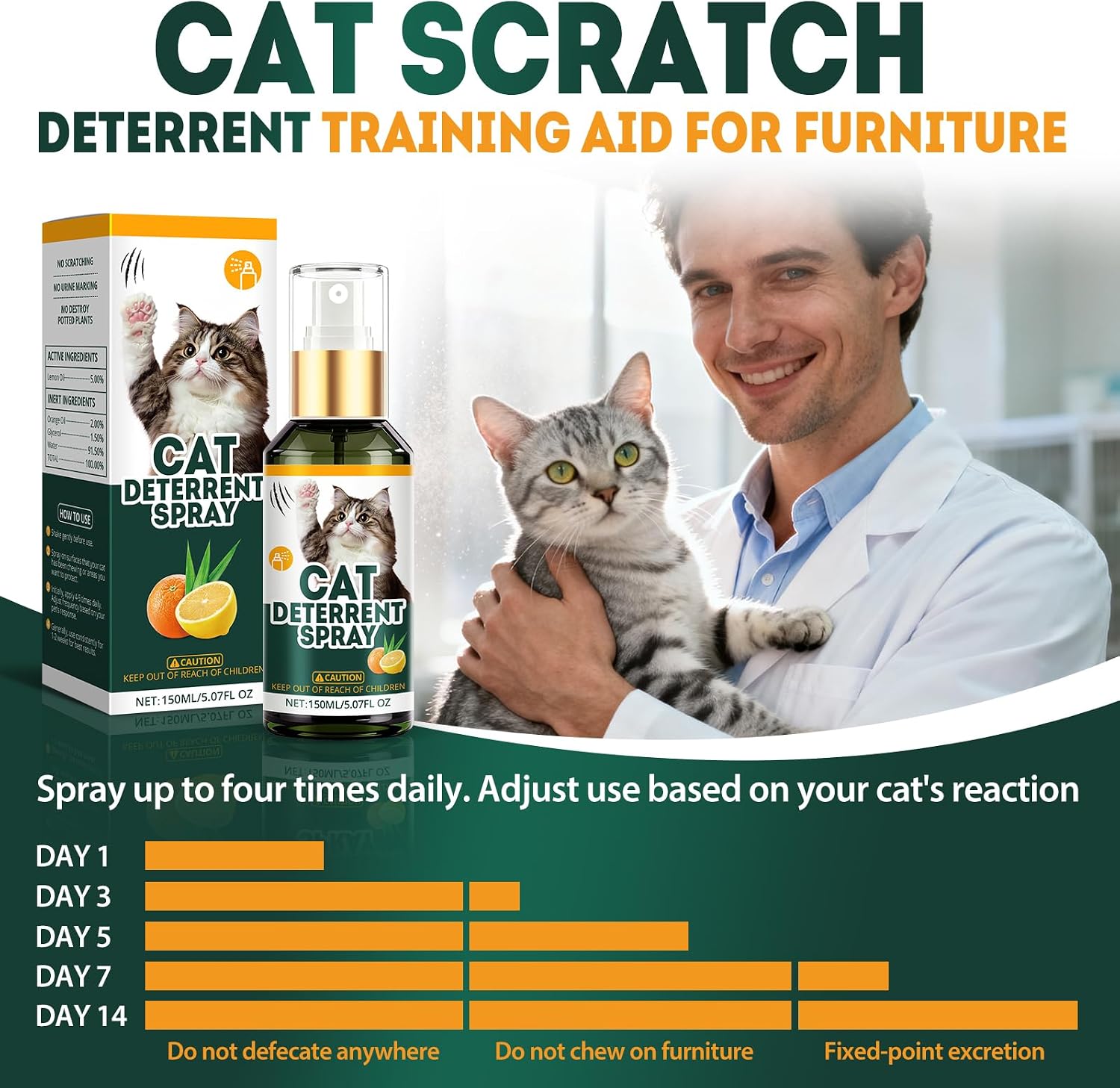 Cat Deterrent Spray, Natural Safe Cat Repellent Indoor and Outdoor, Cat Spray Deterrent for Urine Marking, Cat Scratch Deterrent Training Aid for Furniture Sofas Rugs, Anti Scratch for Cats, 5.07 oz