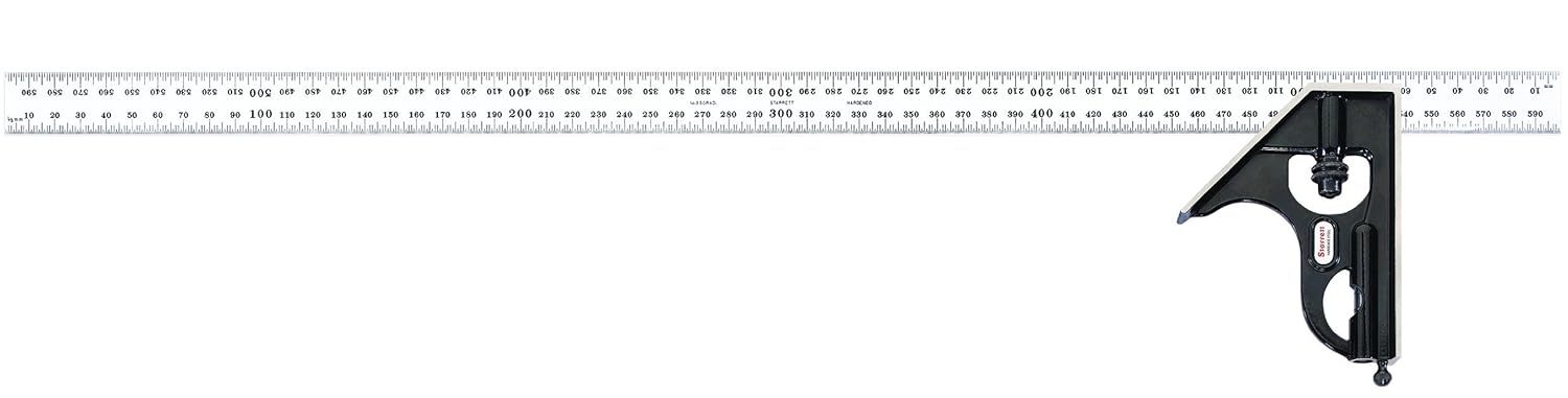 Starrett C33MH-600 Forged, Hardened Steel Square Head With Satin Chrome Blade Combination Square, Smooth Black Enamel Finish, 600mm Size