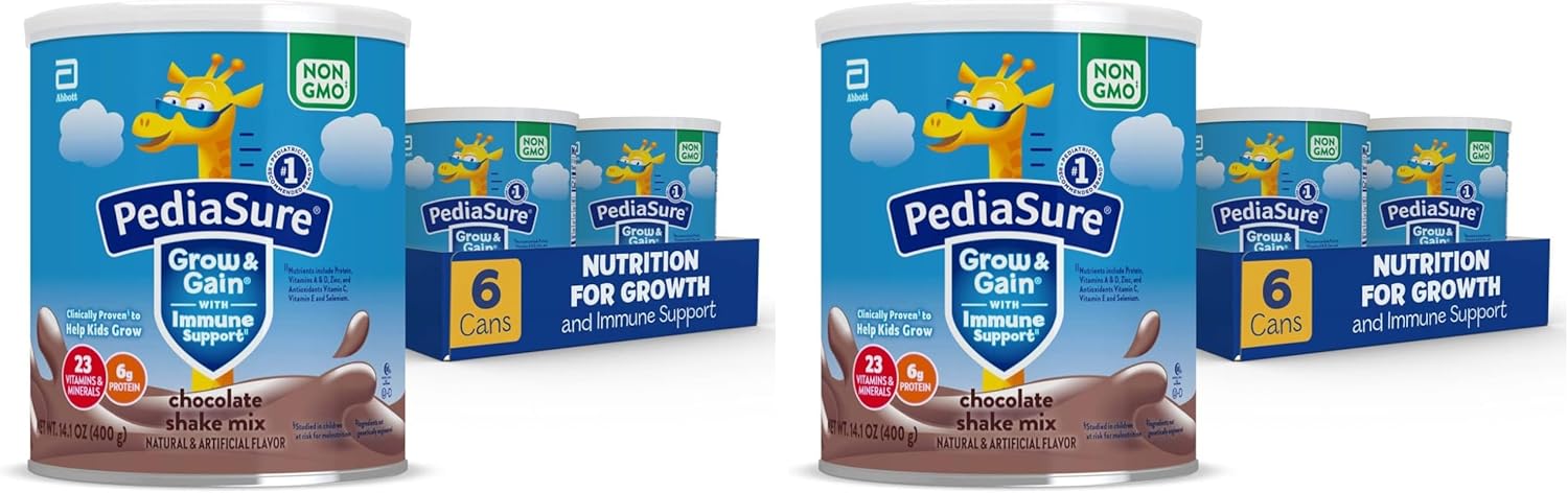 PediaSure Grow & Gain with Immune Support Shake Mix Powder, 23 Vitamins & Minerals, 6g Protein, Non-GMO, Gluten-Free, Kids Nutrition, Chocolate, 14.1 oz Can-48 Servings (Pack of 12)