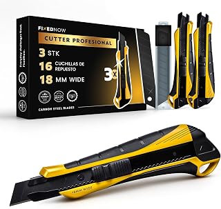 3 cuchillos de corte profesional de 18 mm + 16 cuchillas de repuesto extra afiladas de acero al carbono japonés | Cuchillo metálico para papel pintado, alfombras, poliestireno expandido
