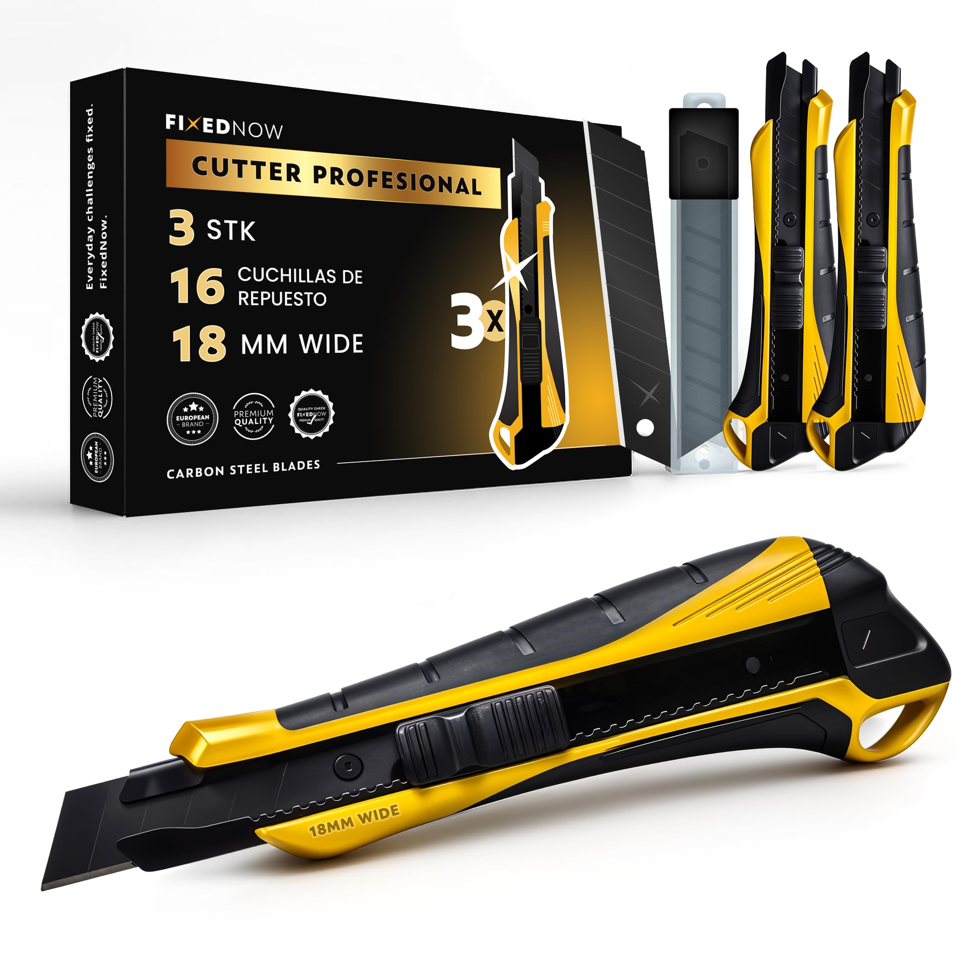 3 cuchillos de corte profesional de 18 mm + 16 cuchillas de repuesto extra afiladas de acero al carbono japonés | Cuchillo metálico para papel pintado, alfombras, poliestireno expandido
