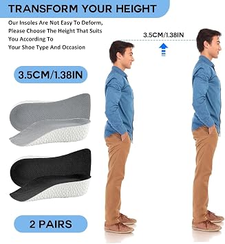 Height Increase Insoles Heel Lift Inserts for Men & Women, Invisible Silicone Elevator Shoe Inserts, Shock Absorbing Gel Heel Cushions for Plantar Fasciitis & Comfort Support (3.5cm)