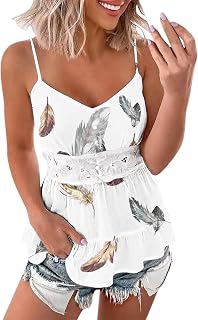 Tank Tops for Women UK Plus Size, Casual V-Neck Spaghetti Strap Sleeveless Sling Vest Camisoles Racerback Printed Cami Tank Tops Teens Beach Shirt Blouse Tunic Tee Going Out Yoga Sportswear