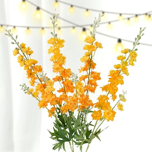 ZYTUYO Delphinium Artificial Flower 4PCS 33.5'' Faux Larkspur Long Stem Fake Floral Silk Bouquets Plant for Tall Floor Vase Home Kitchen Wedding Outdoor Indoor Arrangement Decor (Yellow)