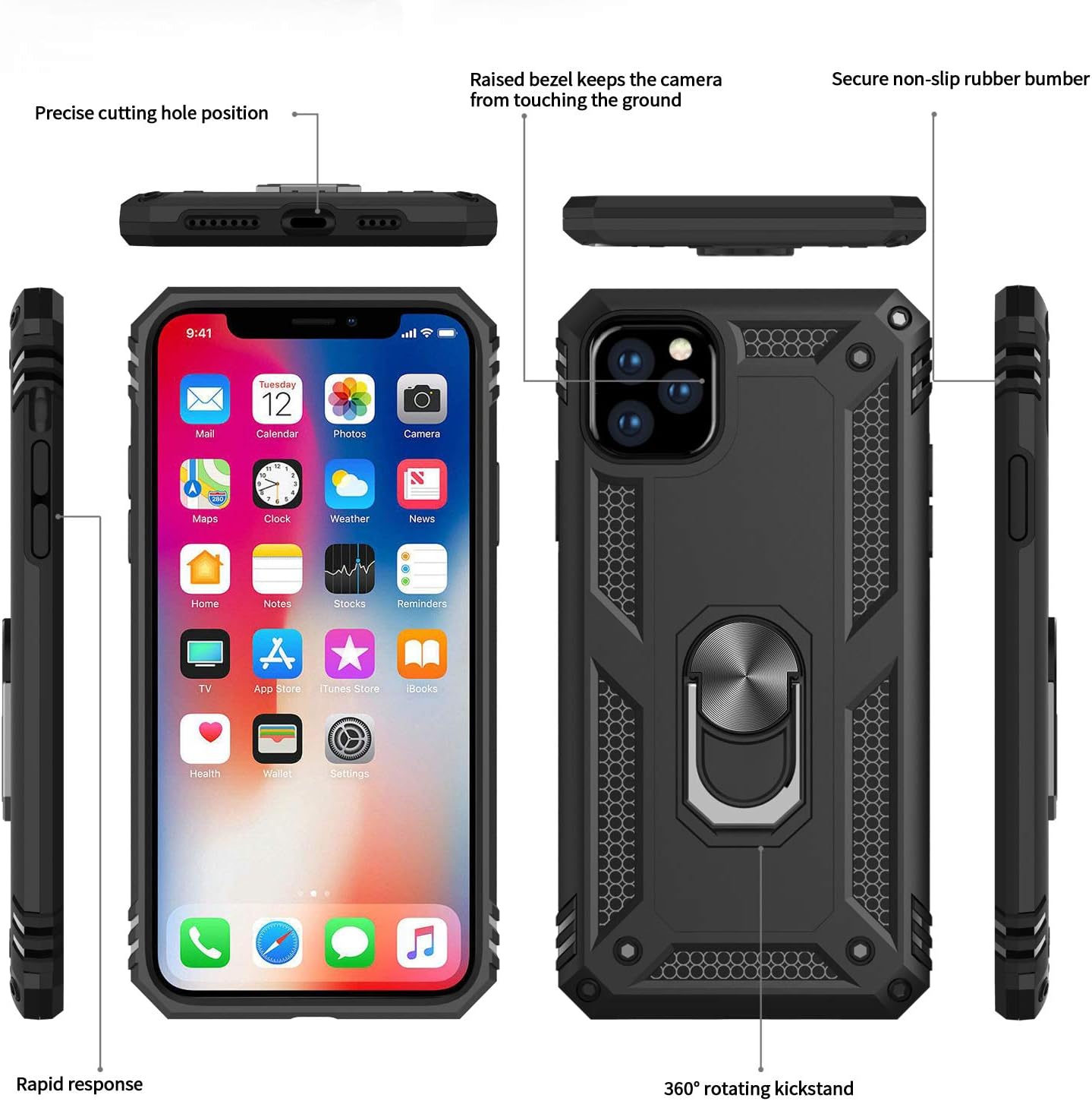 LeYi Compatible for iPhone 11 Pro Max Case with Tempered Glass Screen Protector [2 Pack], Military-Grade Phone Case Cover with Ring Kickstand for Apple iPhone 11 Pro Max 6.5 inch，Black