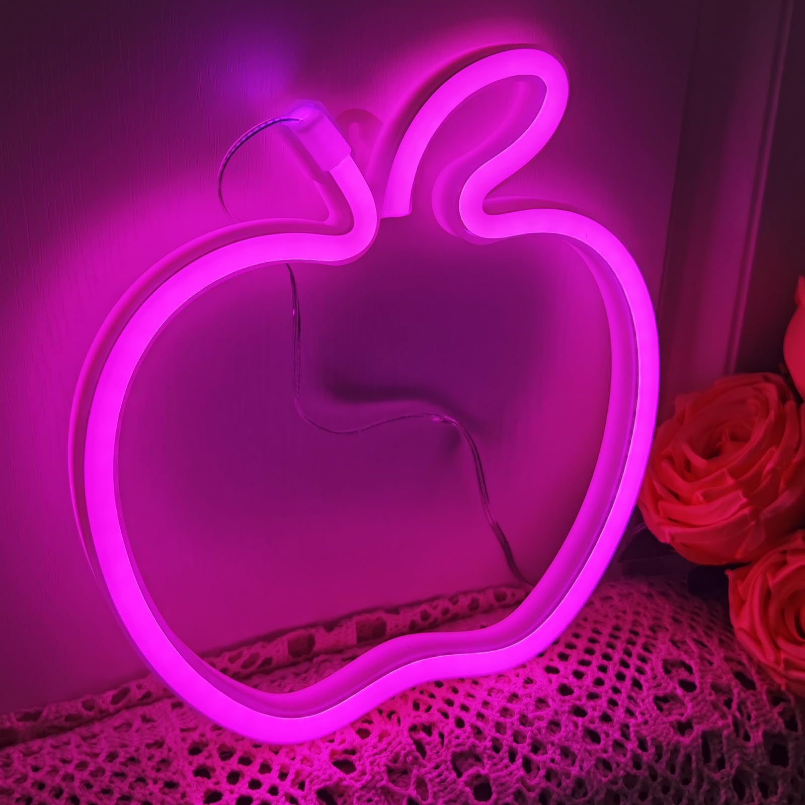 Apple Light Neon Sign - USB or Battery Operated LED Signs Neon Lights for Wall Decor Birthday Party Halloween Christmas Decorations (Pink, 8.3"*7.7"*0.6")