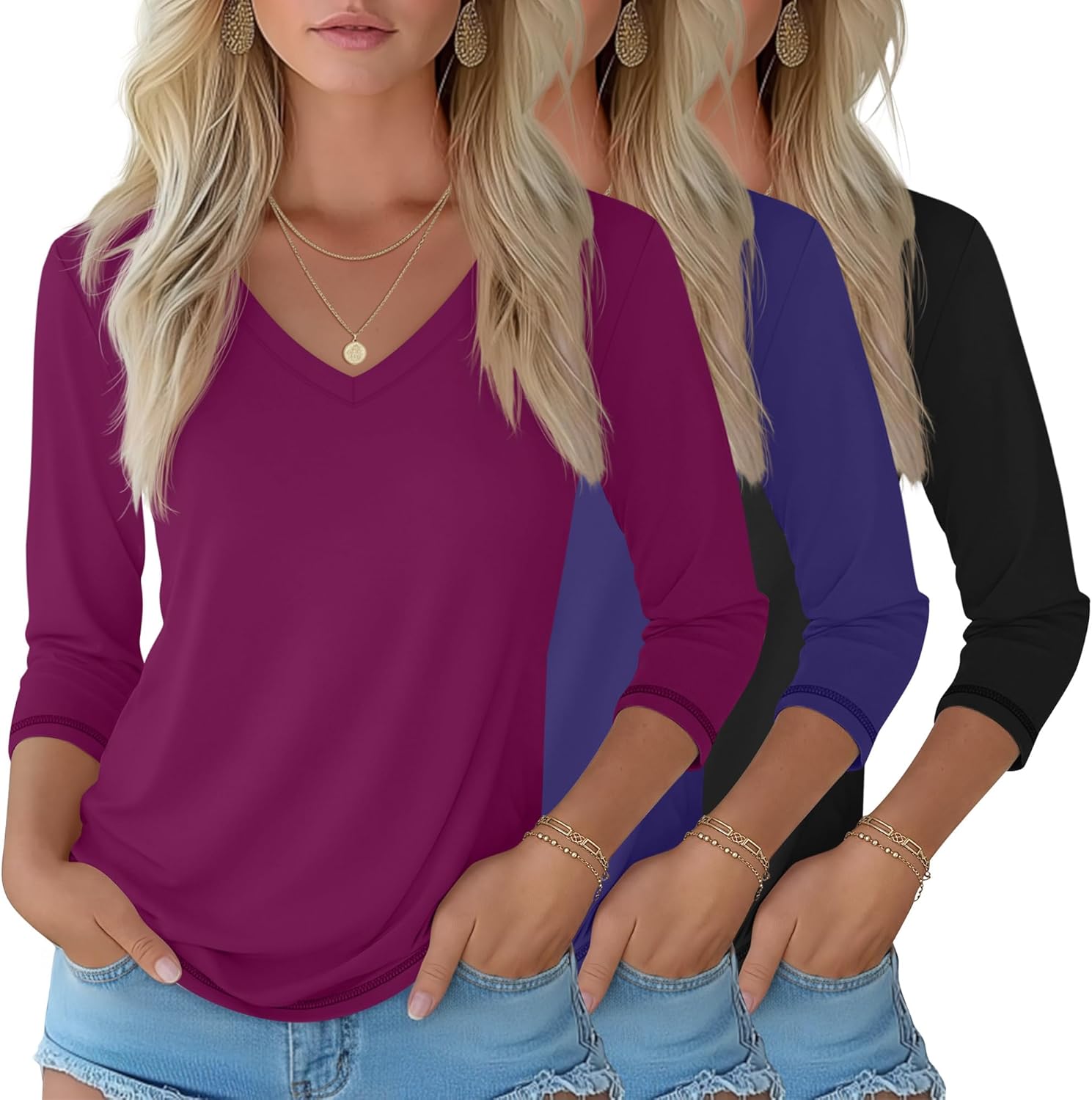 Ficerd 3 Pack Women's 3/4 Length Sleeve T Shirts, V Neck Tops Loose Fit Blouses Casual Tees 2026 Fashion Clothes