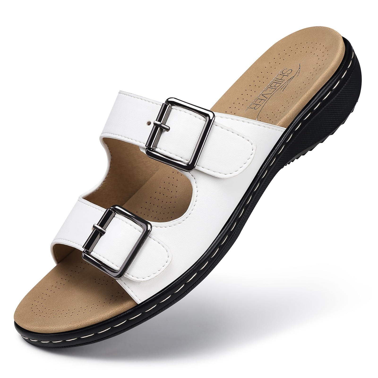 SHIBEVER Women Dressy Flat Sandals: Comfortable Arch Support Sandal | Non Slip Orthopedic Slip On Flats - Adjustable Fit Wide Feet - Summer All Day Standing Walking Sandal