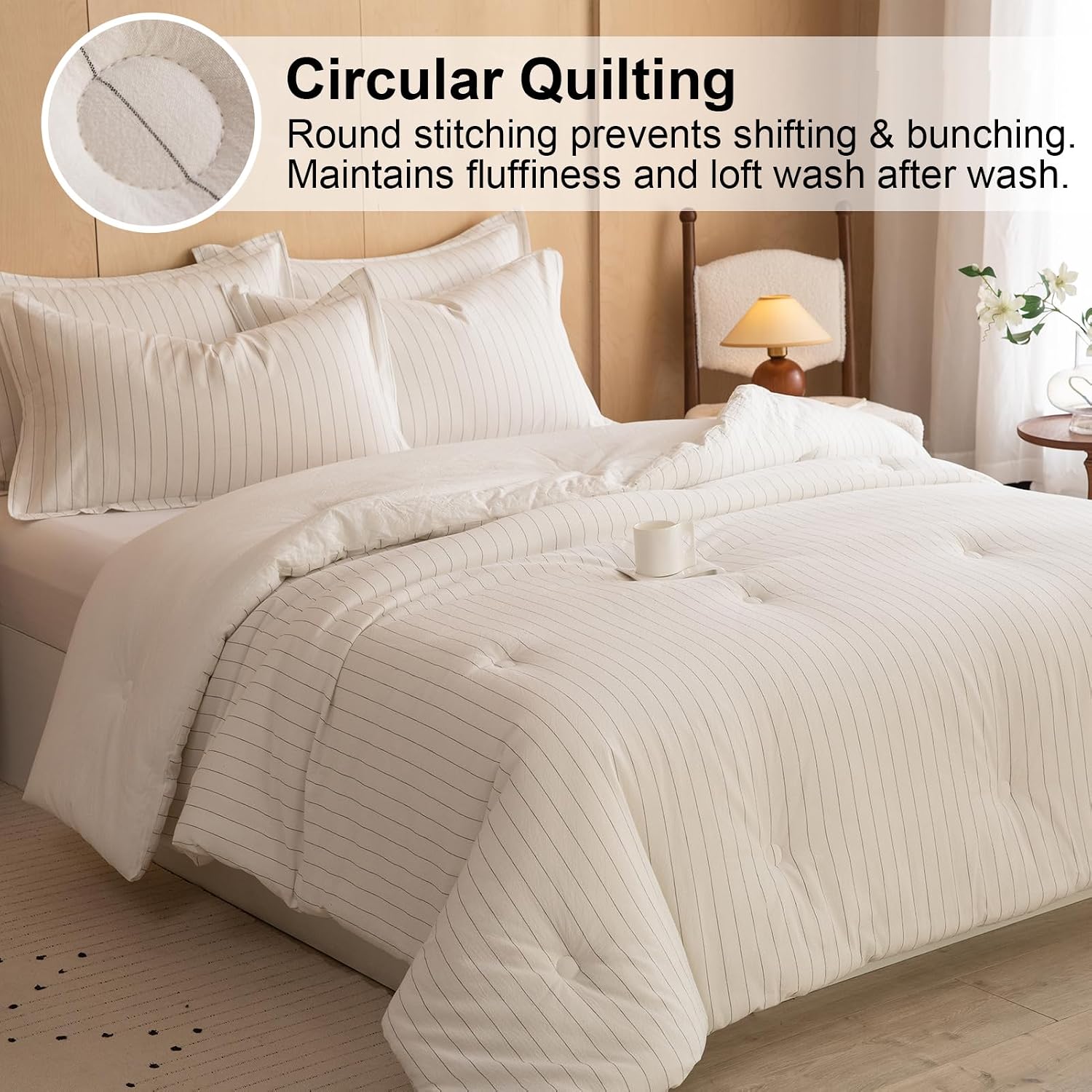LLanCL Cotton Stripe Comforter Set Twin Size,100% Cotton Cover with Polyester Fill,Ultra Soft,Breathable,Lightweight Bedding for All Seasons,1 Comforter 68"x90" & 1 Pillow Sham 20"x26"(White)