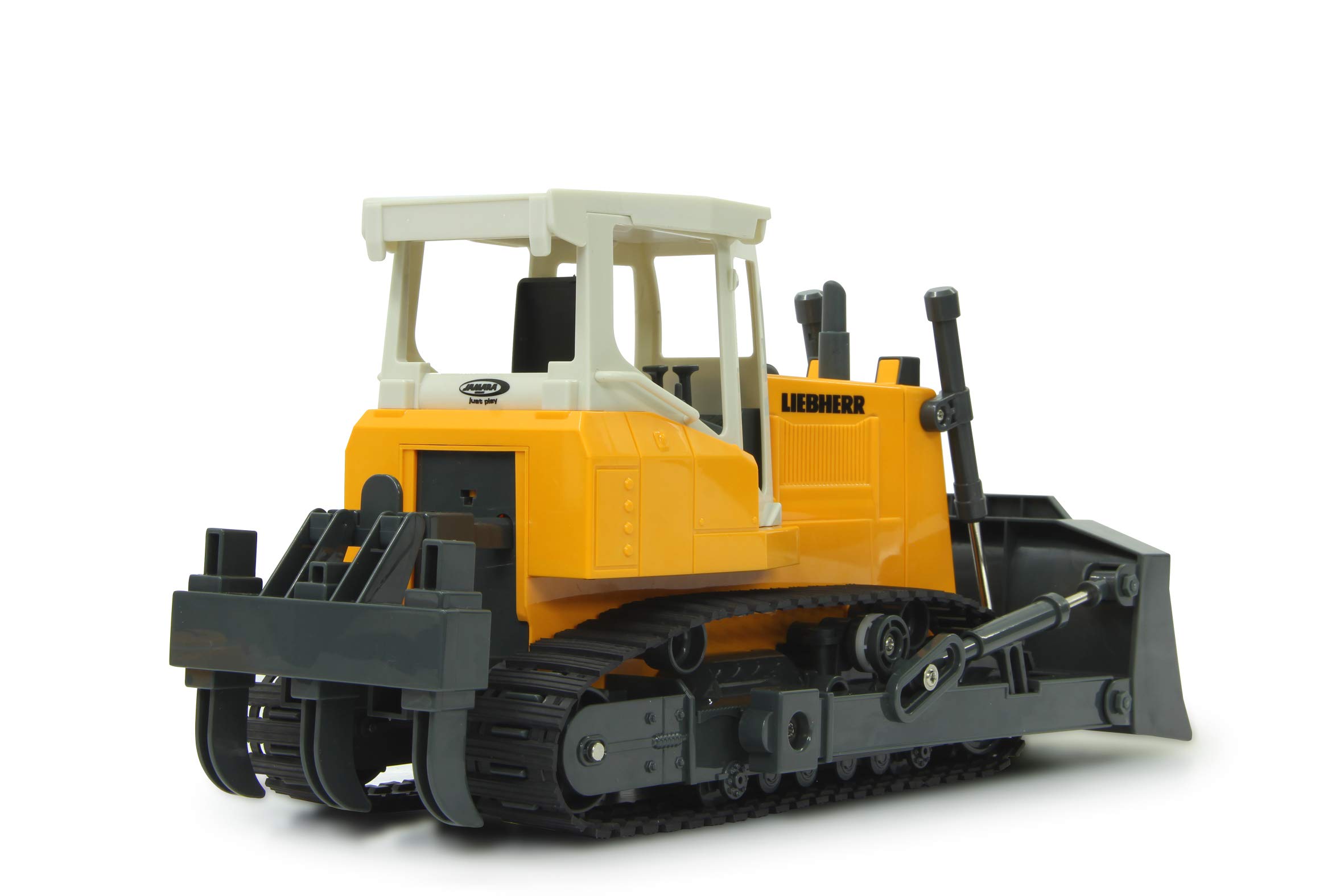 JAMARA 405057 - Planierraupe Liebherr 1:20 2,4GHz - programmierbare Funktionen, Realistischer Motorsound (abschaltbar), Schaufel Heben/senken/abkippen, Vertikutierer hoch/runter (manuell) Gelb