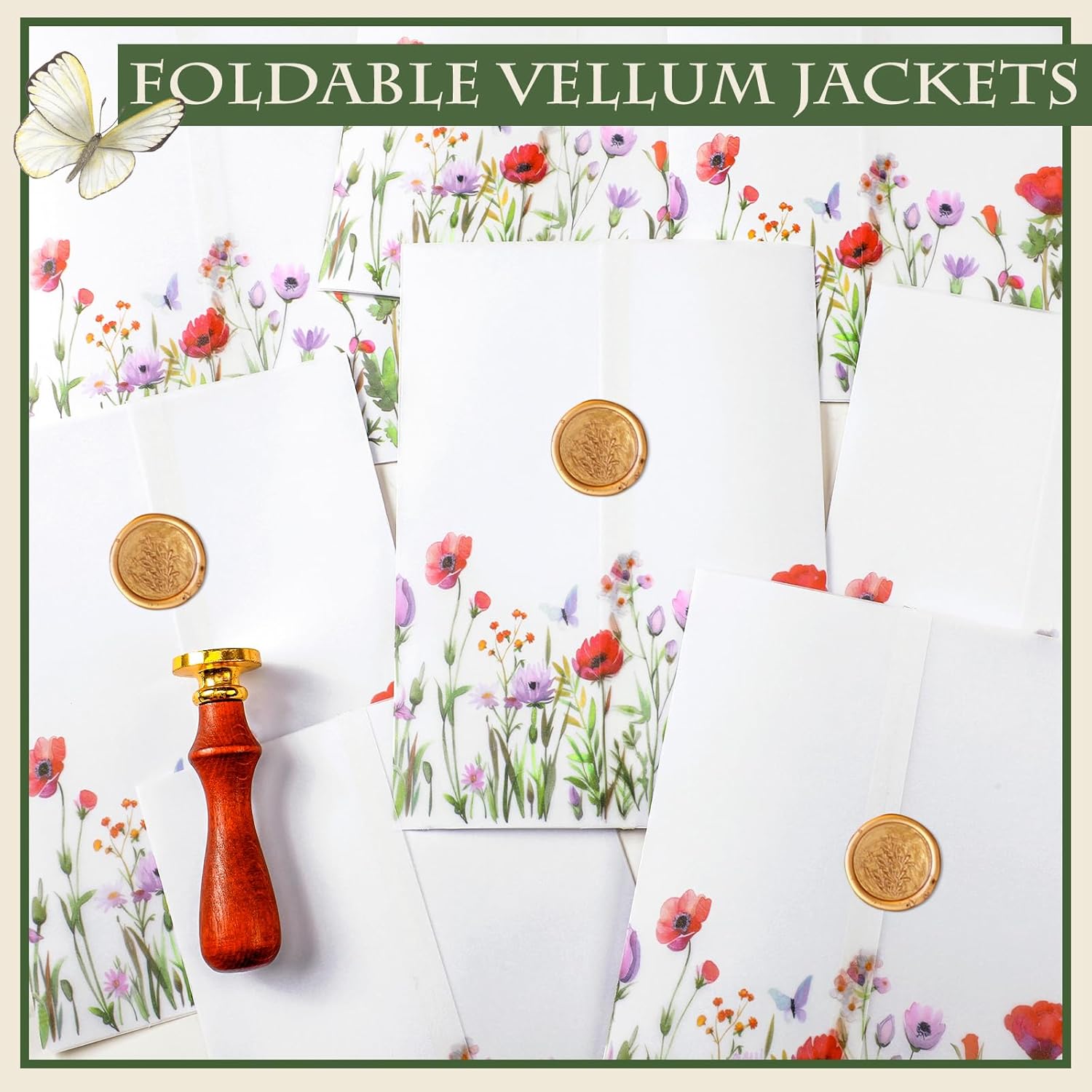 Fullhawl 150 Pcs Wildflower Printed Vellum Jackets for 5x7 Invitations Vellum Paper Wildflower Pattern Wedding Invitation Accessories Kit Envelope Inserts Liners for Bridal Shower Baby Shower Birthday