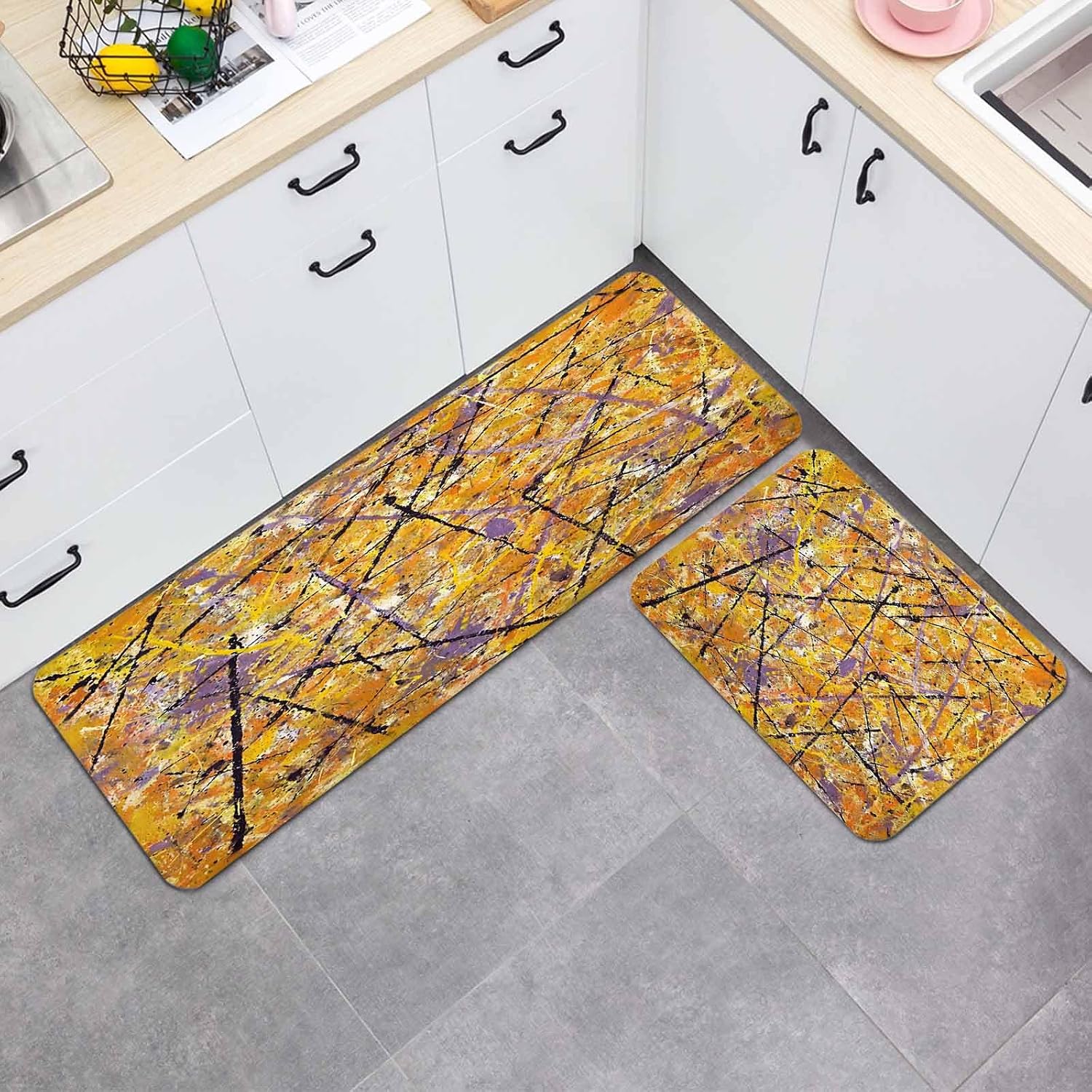 Prime Leader Abstract Artistic Kitchen Mat Set 2 Pieces Yellow Ink Splashes Black Lines Industrial Style Non Slip Kitchen Rugs Washable Runner Rug Mats for Sink Laundry (19.7" x 31.5"+19.7" x 63")