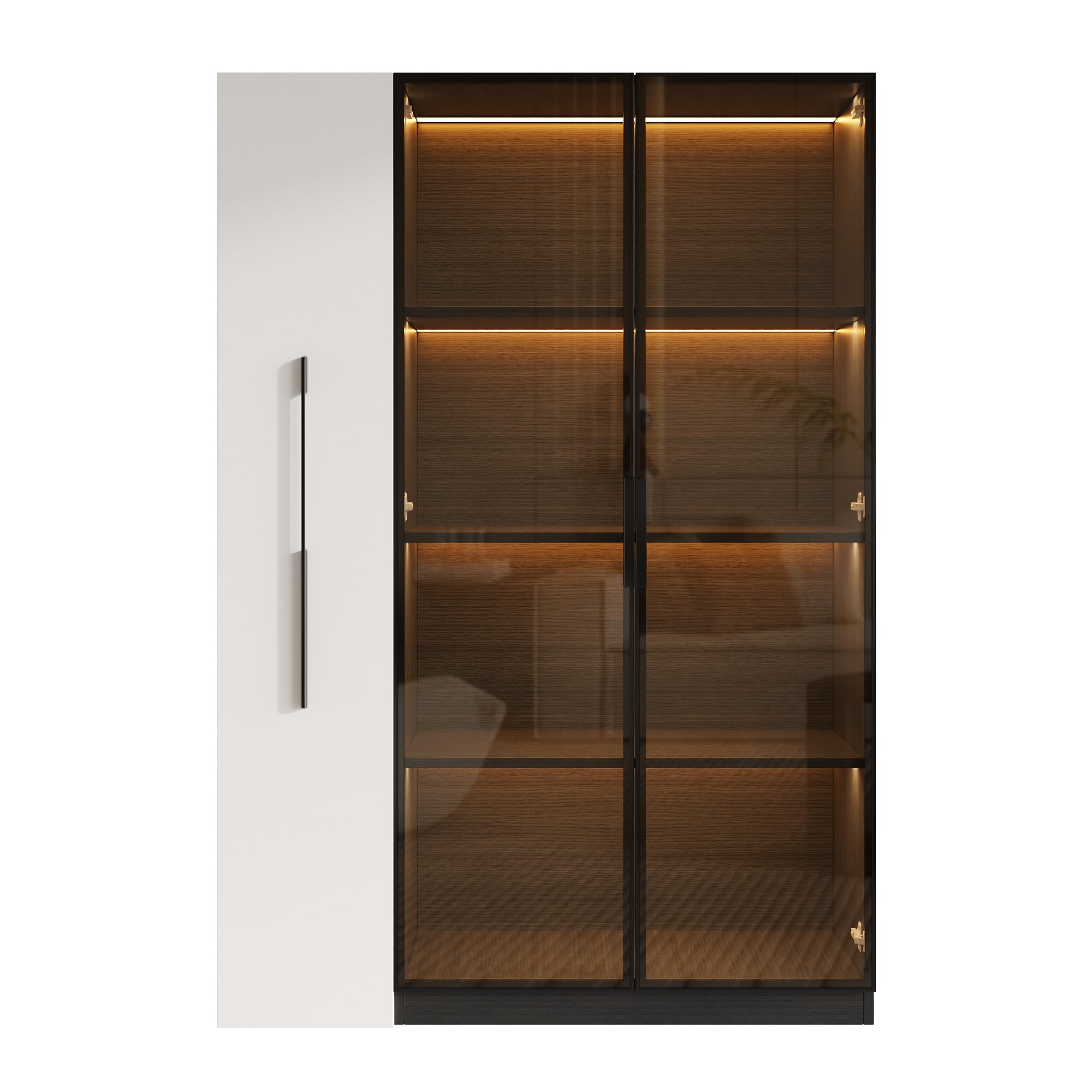 Multifunzionale Armadio 110,5×35×160 cm - Vetrinetta con Porta in Vetro e LED, Estrazione Laterale, Armadio a Ruote Bianco e Nero, Mobile Alto, Libreria, Armadio per Bagno, Credenza per (B)