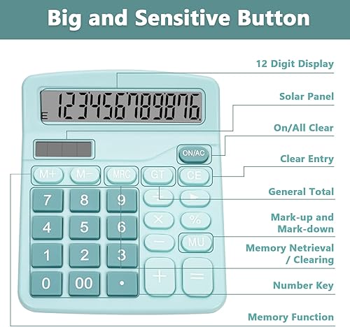 Miniatura 6 de Bonita calculadora de escritorio azul claro con botones grandes, fuente de alimentación doble, energía solar y batería, pantalla de visualización
