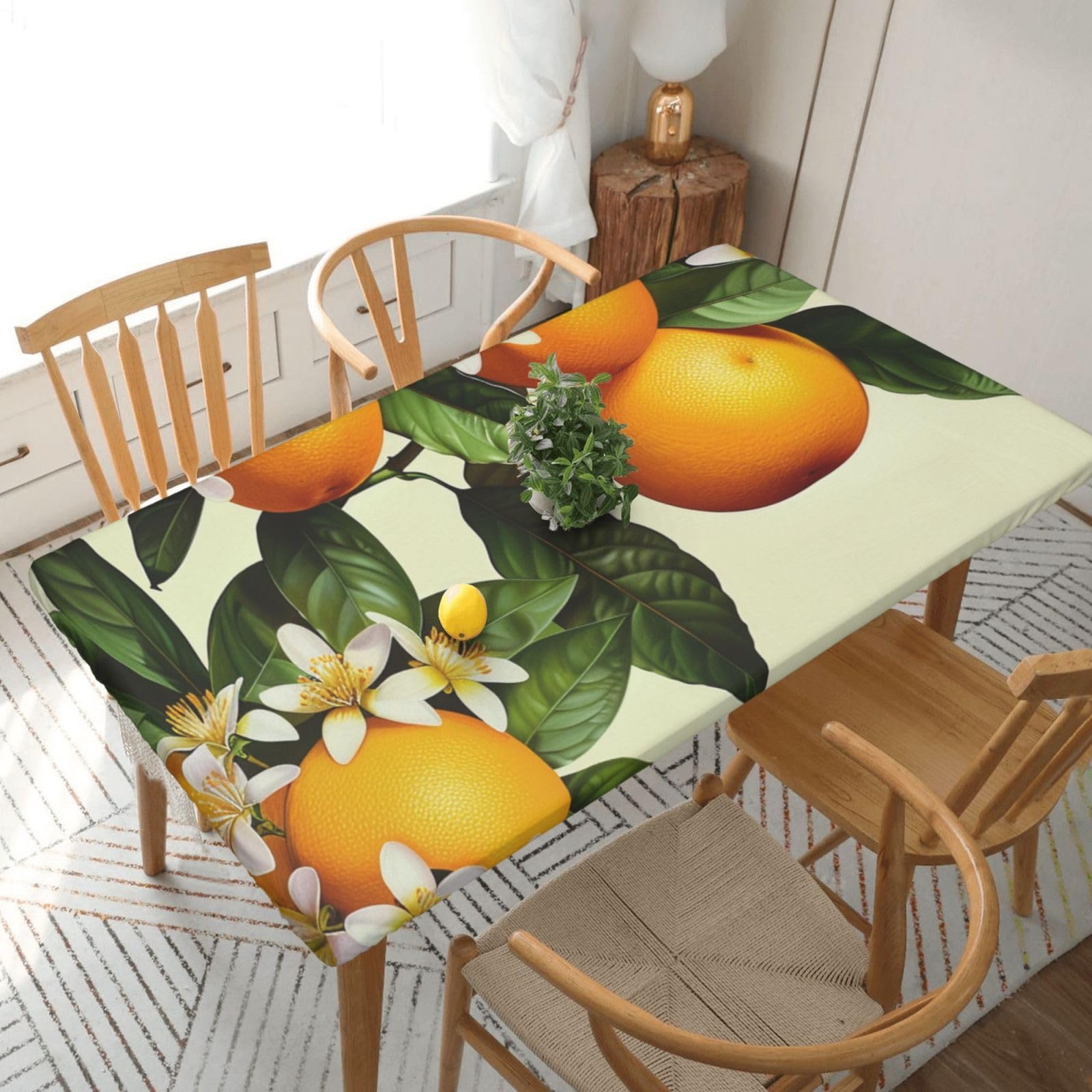 WPKJU Yellow Blossom and Orange Fruits Printed Tablecloths 5ft Rectangular Table Covers Washable Polyester Decorative Table Cloth for Dining Table Picnic Wedding