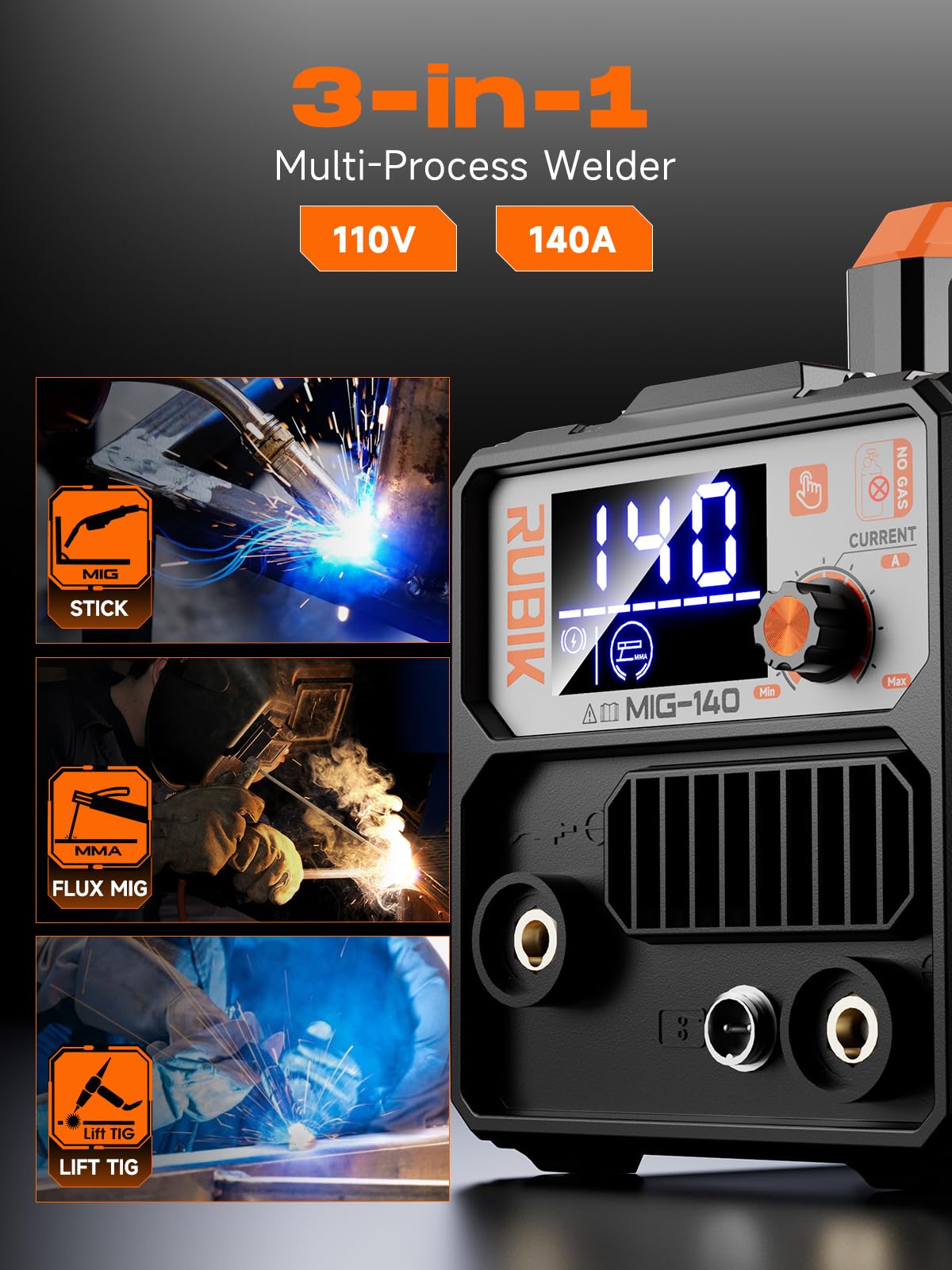 RUBIK MIG Welder 110 V, 140 A, máquina de soldadura MIG/LIFT TIG/STICK 3 en 1, soldador de núcleo de flujo, máquina de soldadura MIG portátil sin gas, soldador inversor IGBT con alambre de soldadura