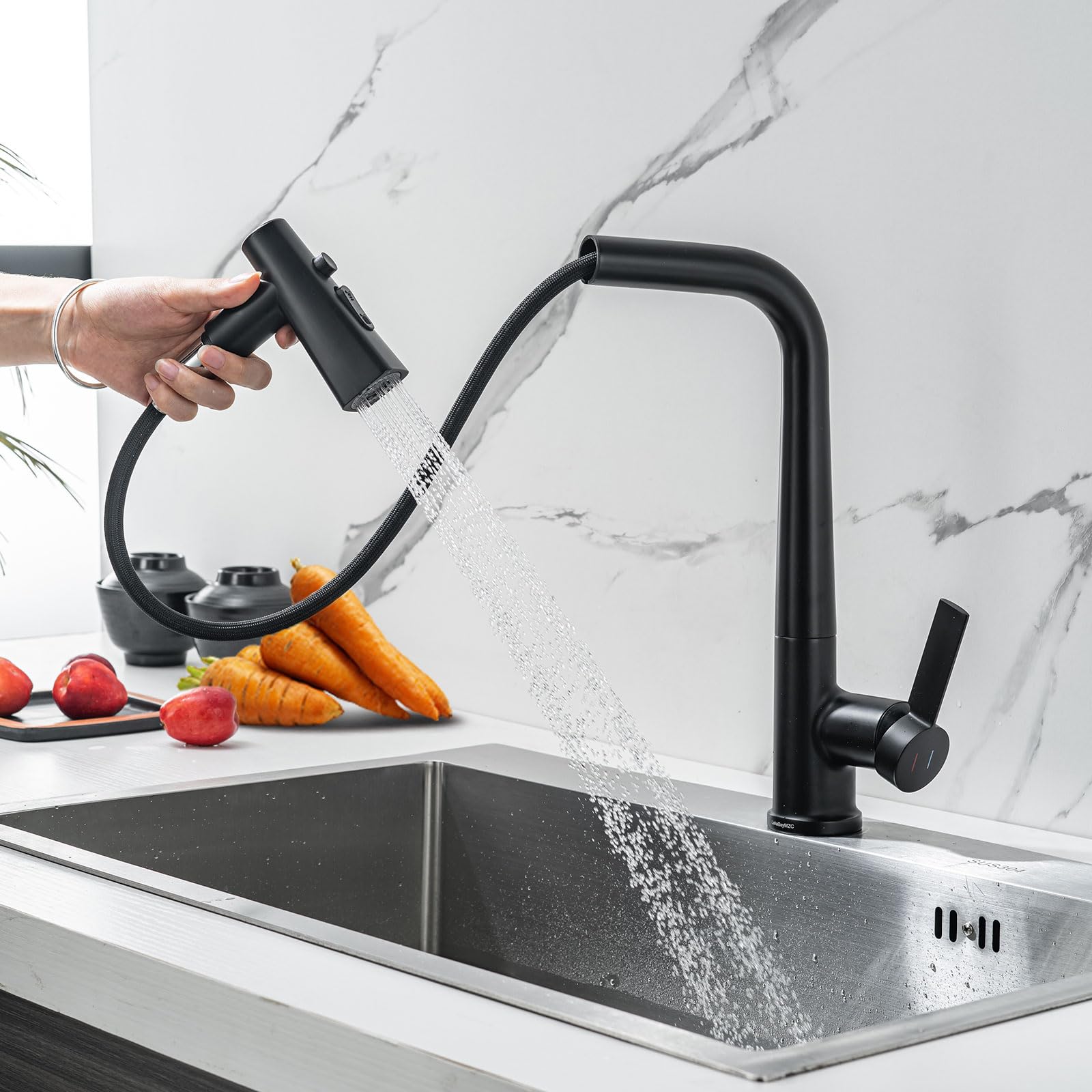 Rubinetto Lavello Cucina con Doccetta Estraibile Nero con 3 Modalità | Rubinetto Cucina Nero LakeBayMZC a 3 Modalità, Miscelatore Cucina Girevole a 360°, Lega di zinco, Acqua Calda e Fredda
