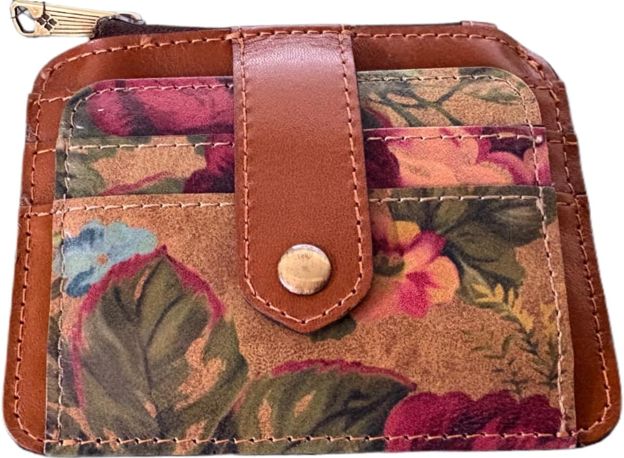 Patricia Nash Cassis Leather ID Case, Full-Grain Leather, RFID Blocking Wallet, Black/Tan, Heritage Style, with Card Slots & ID Window, Vintage Victorian Garden, 4.75x3.75x0.25 Inch