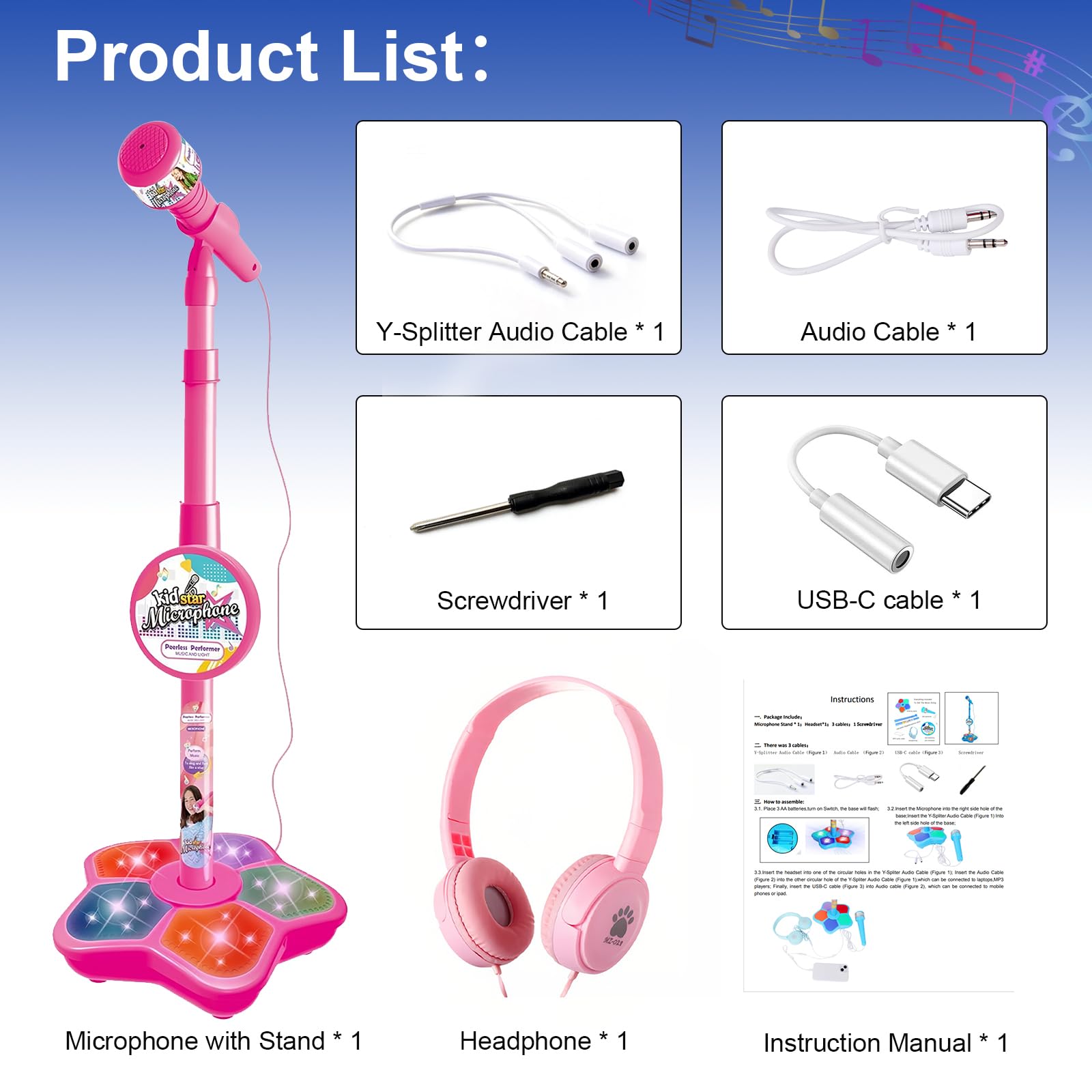 Micrófono de karaoke para niños con soporte ajustable, micrófono de pie para cantar portátil, auriculares retráctiles para cantar música, base de luz intermitente para niños y niñas de 3 a 6 años 8