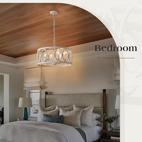 Miniatura 4 de Lámpara de araña antigua de granja para comedor, isla de cocina, 6 luces, candelabros colgantes de tambor, metal blanco envejecido, accesorios de