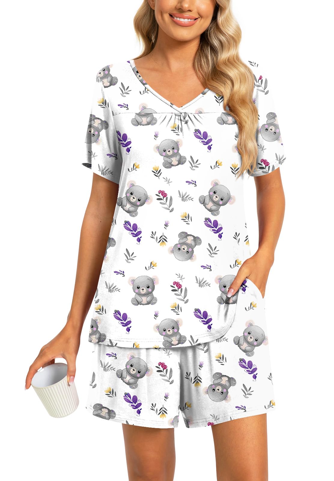 Findsweet 2 Piece Women's Short Sleeve Pajama Sets, Lounge Sleepwear Ladies Pjs Sets with Pockets M-3XL