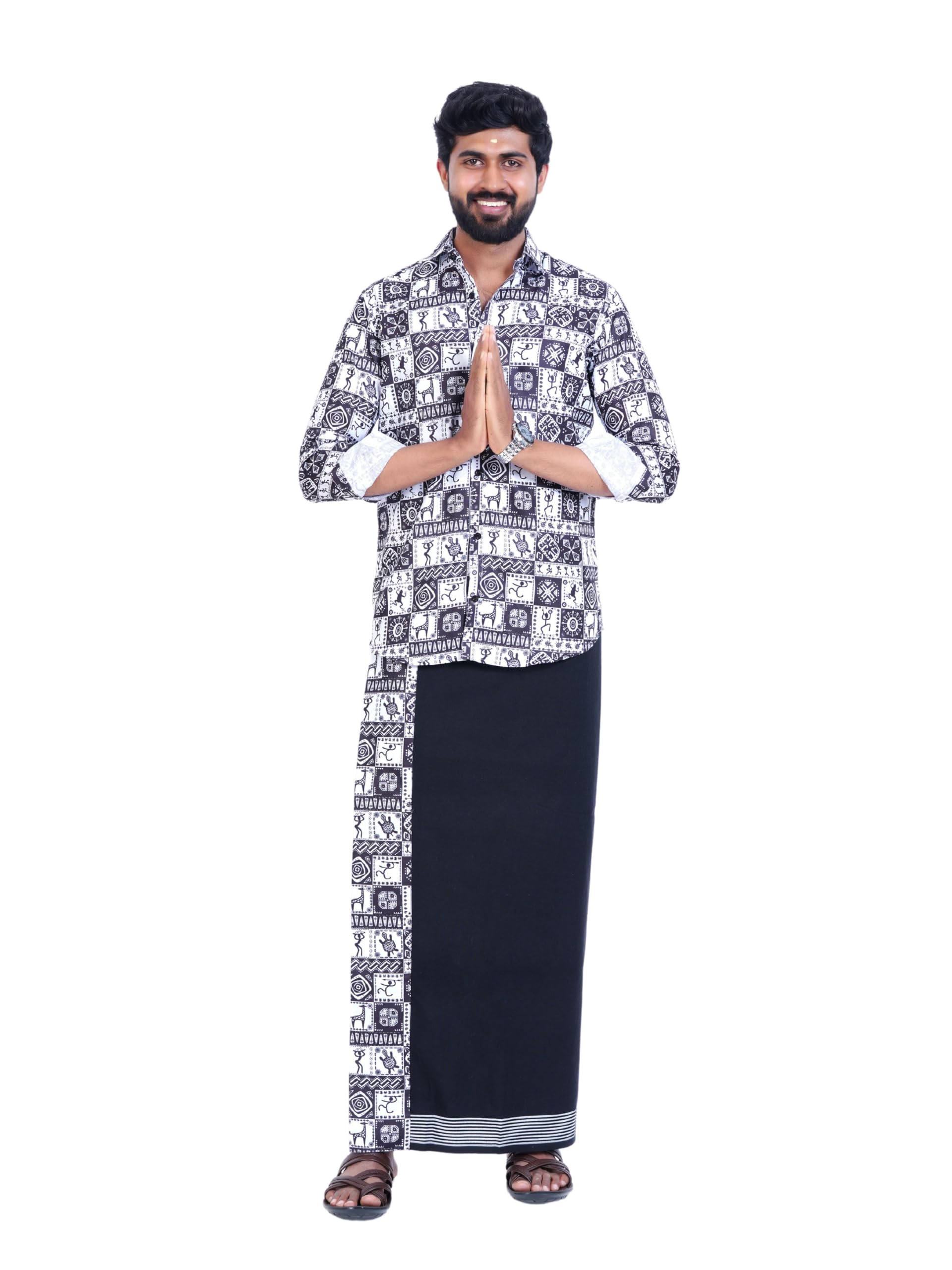 prakasam cotton Mens Colour Onam Special Printed Full Sleeve Slim Fit Multi Colour Shirt Matching With Border Single Dhoties For mens-picture-37