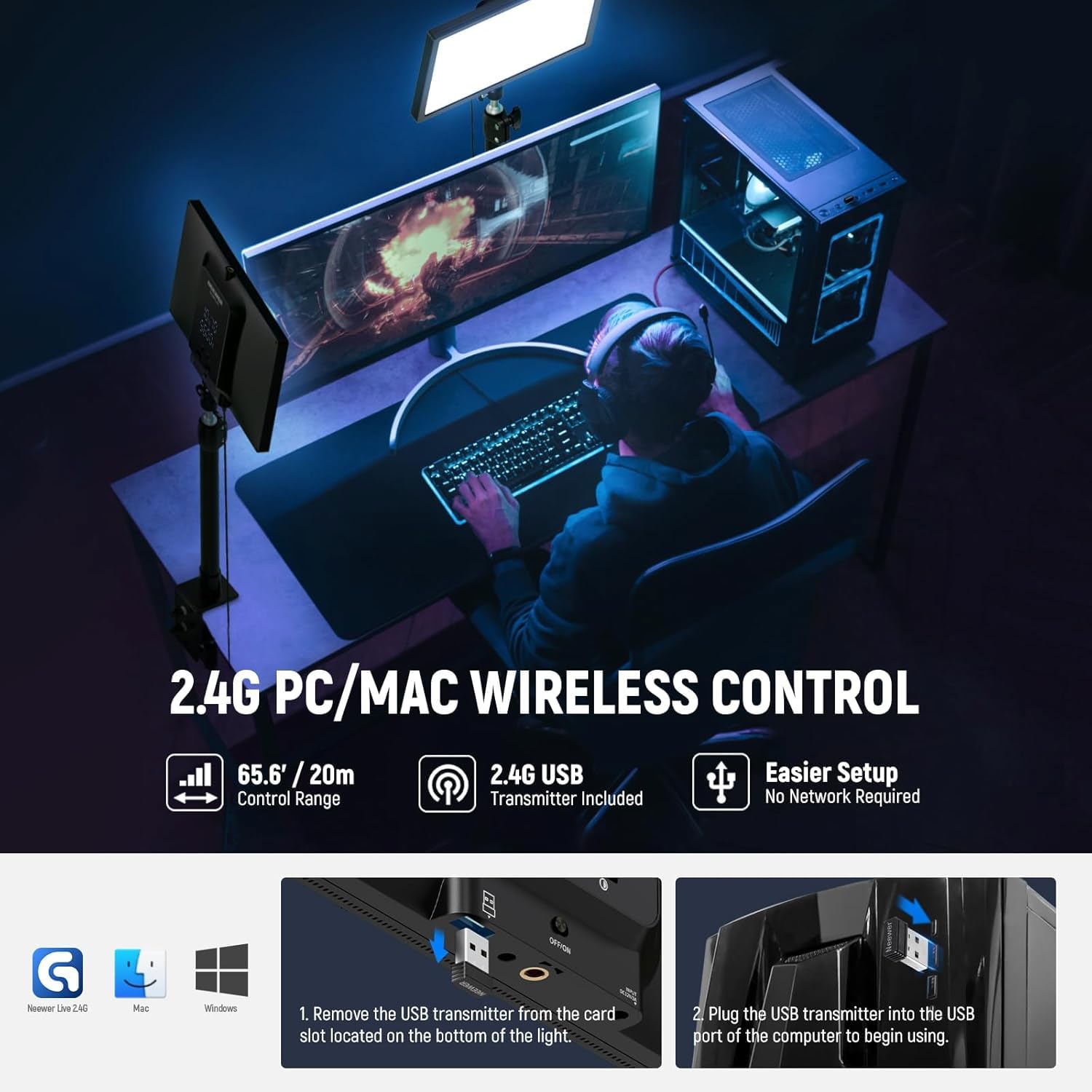 NEEWER 25W 12,9" Key Light Streaming con Supporto Tavolo/Remoto 2.4G/Trasmettitore USB Controllo APP PC/Mac 2300Lx/0,5m 2900-7000K CRI98+ Pannello Luce Video Dimmerabile per Webcam Laptop Zoom,GL25B
