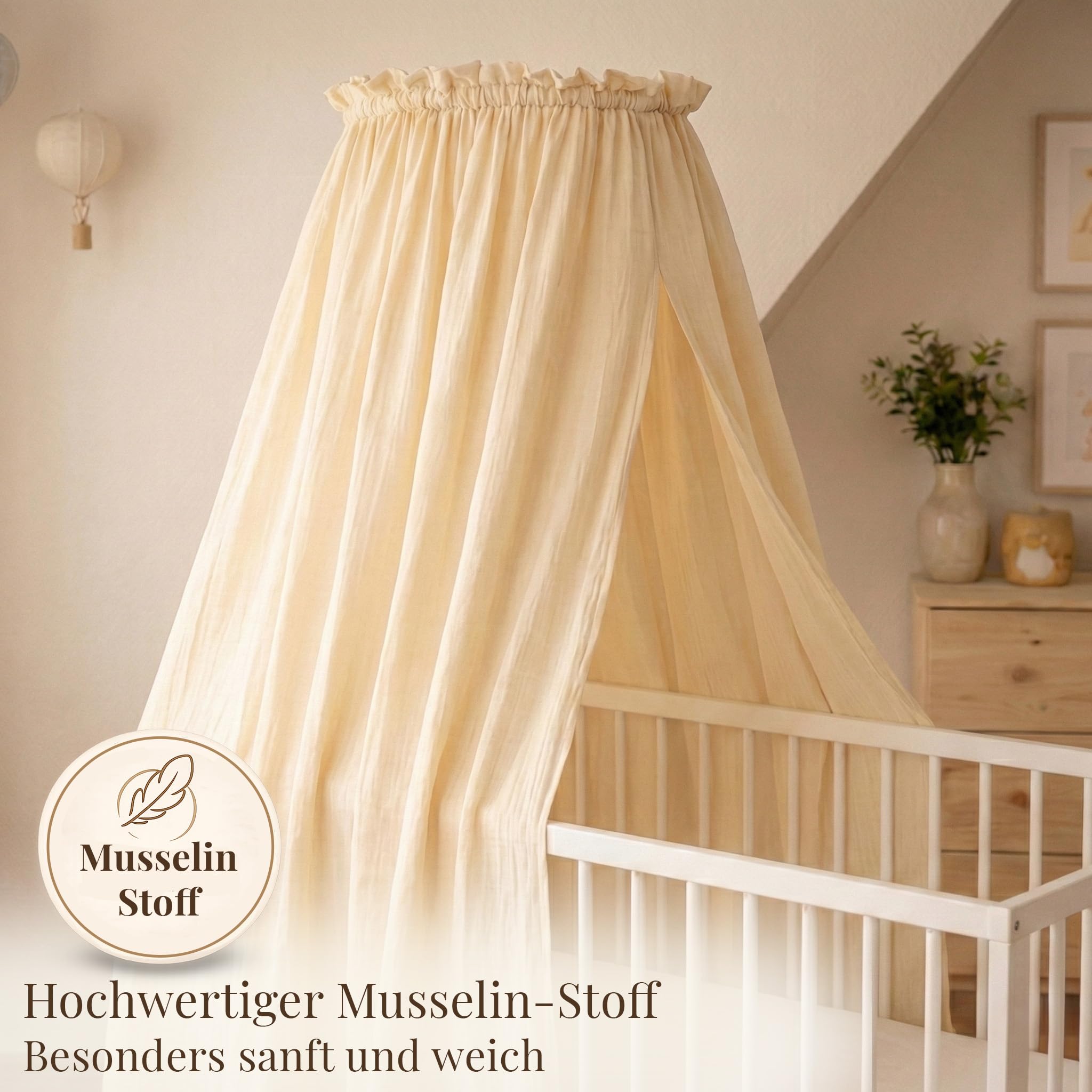 Betthimmel Babybett Set - Musselin Stoff mit montierter Himmelstange - Baldachin für Babybett zum Anklemmen - Himmelbett Vorhang & Kinderzimmer Deko in 135cm (Creme)