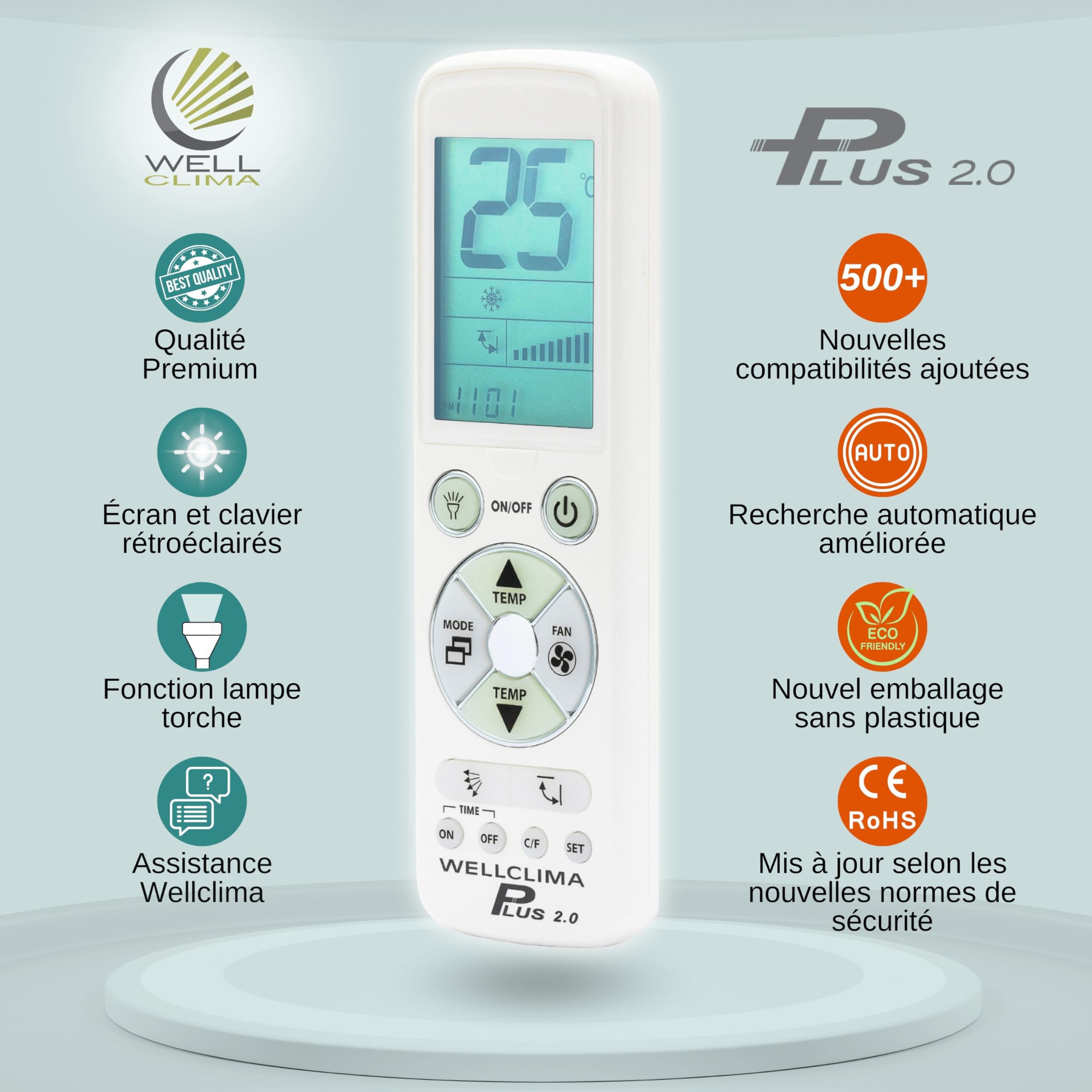 Wellclima Plus 2.0 – Télécommande Universelle pour climatiseur avec la Plus Large compatibilité du marché, Clavier et écran rétroéclairés, Lampe Torche LED, Assistance directe Wellclima