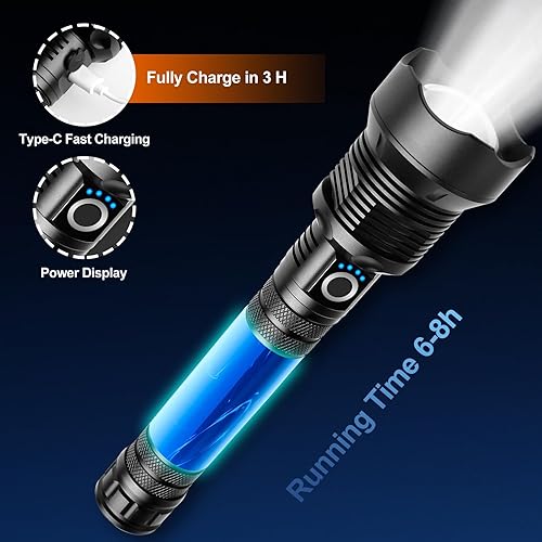 Miniatura 4 de Linternas recargables, 250000 lúmenes de alto lumen linterna LED súper brillante con 3 modos, IP65 impermeable, linterna potente de mano para caza,