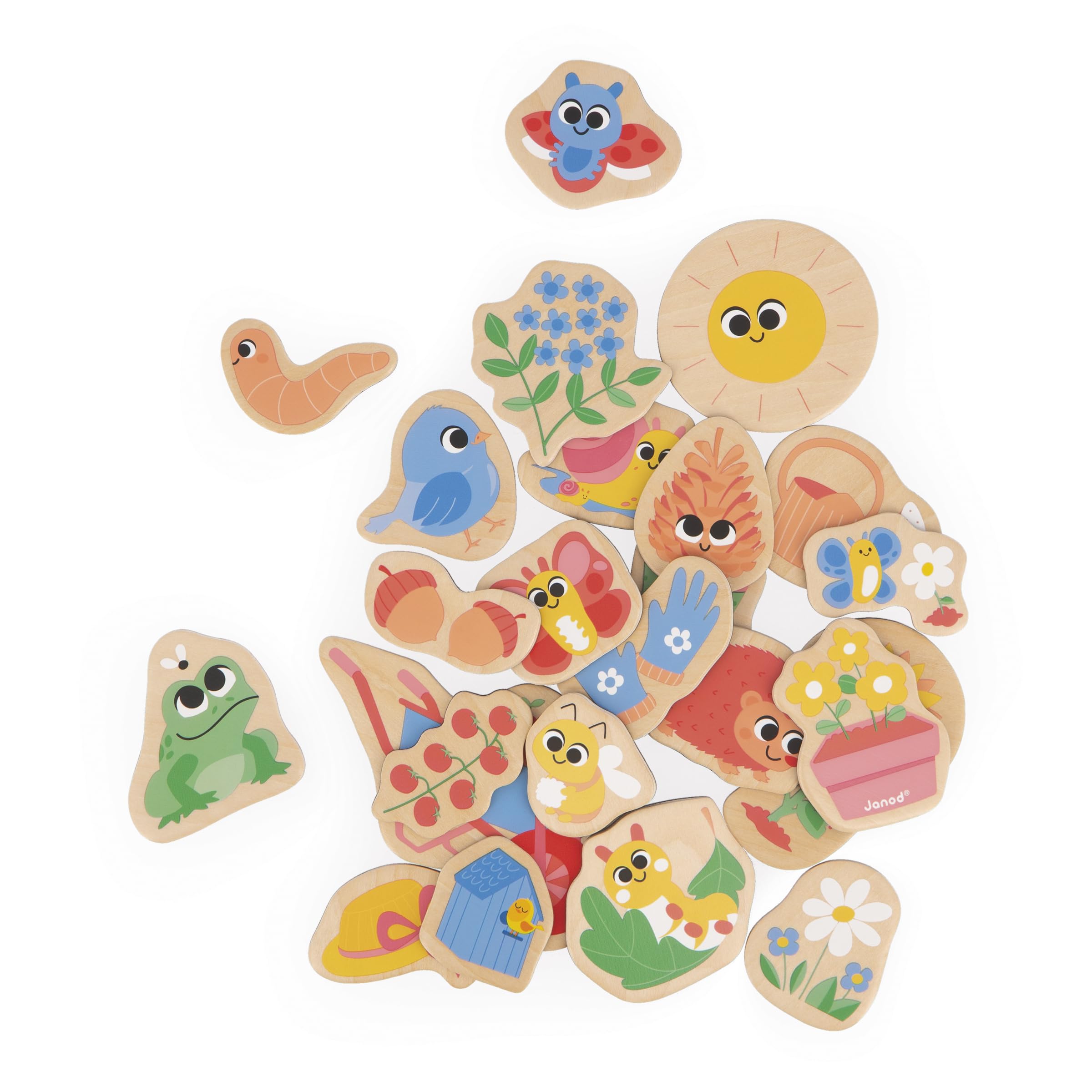Janod - 24 Magnetic Wooden Magnets - Garden Theme - Garden Animals - Wooden Toy - Ideal for chalkboard or fridge - Educational Magnetic Game, to Manipulate, Experiment - From 2 Years, J09646