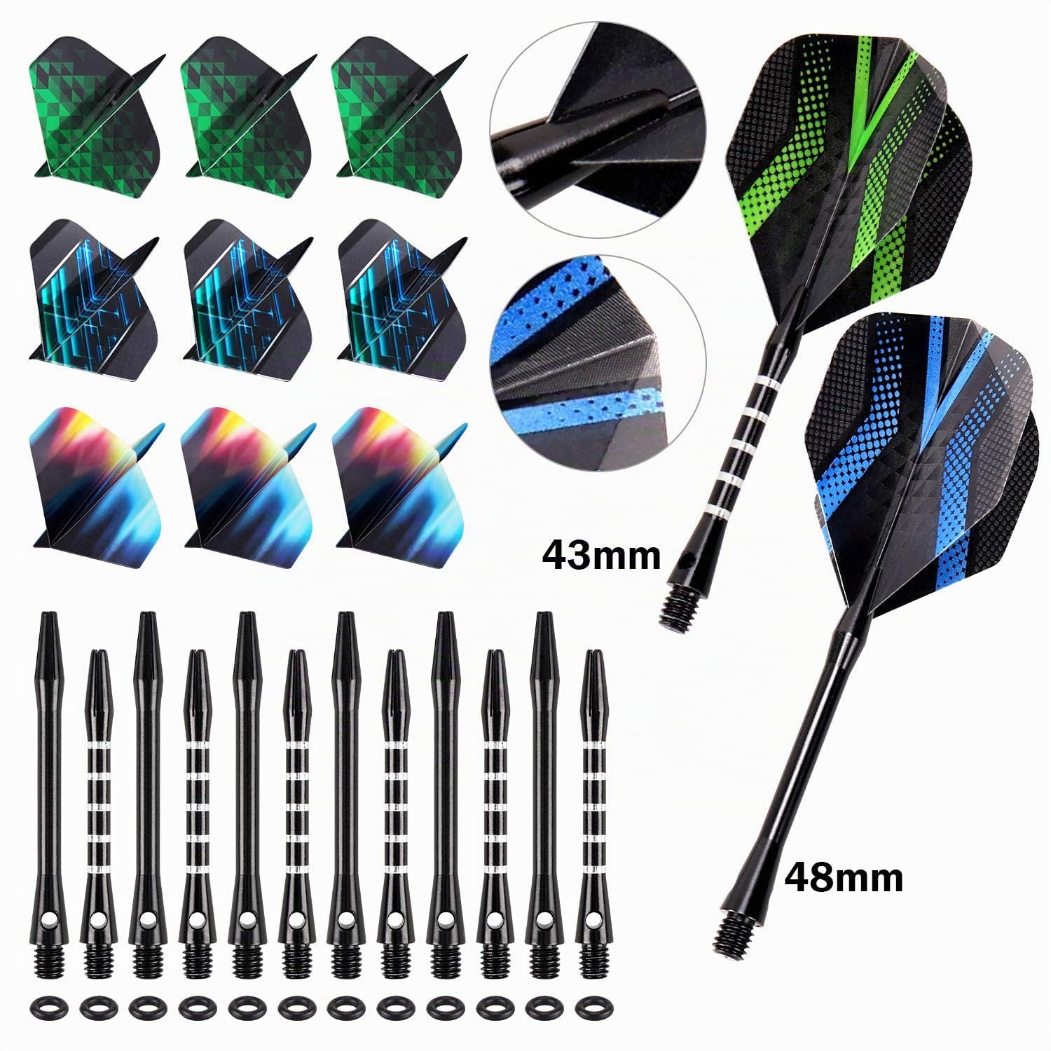 Lot de 12 fléchettes Professionnelles Pointe métal Tige Aluminium 18 Ailettes Anneaux