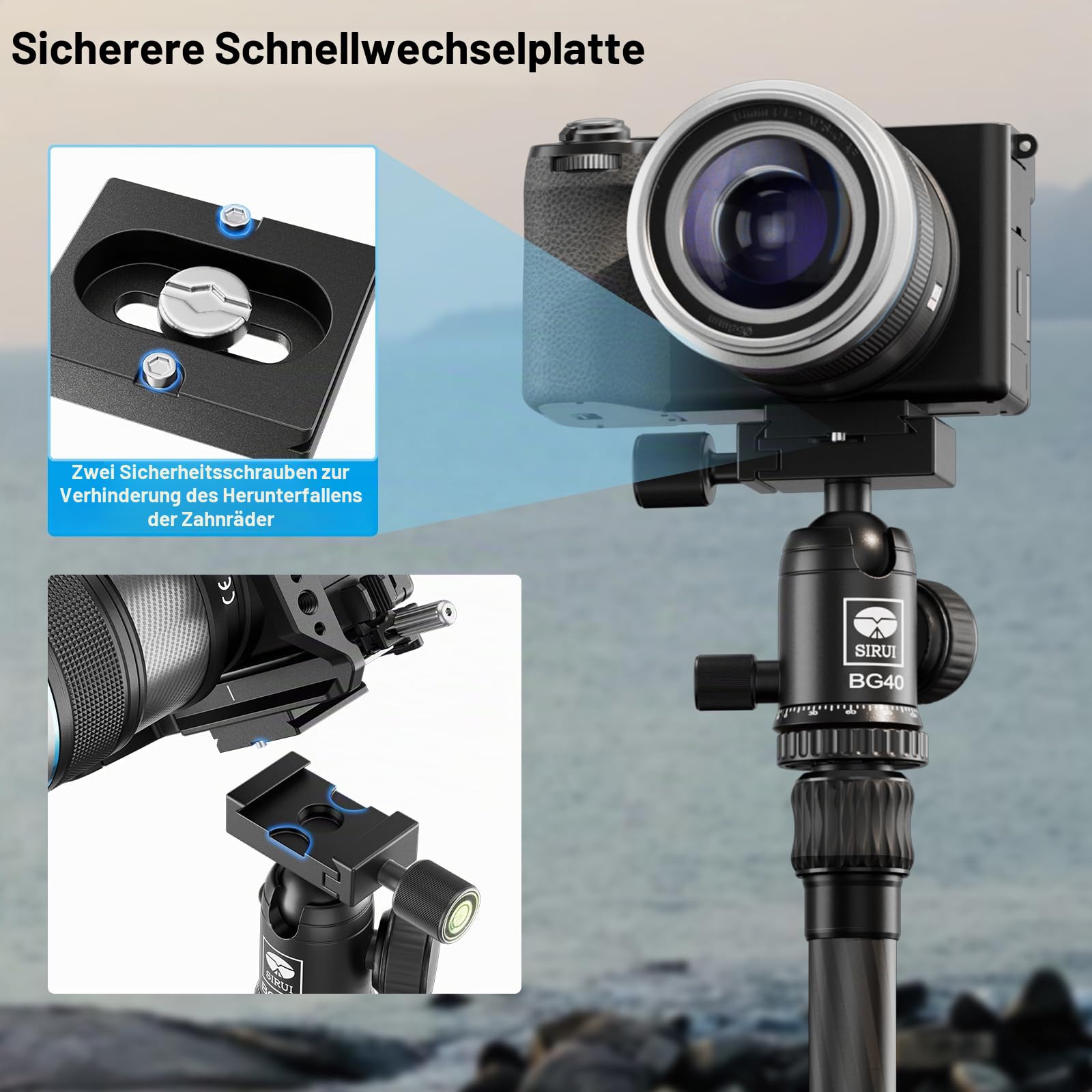 SIRUI BG40 Leichter Aluminium Kugelkopf, 360° Panorama Stativkopf mit Arca Schnellwechselplatte, 10kg Tragkraft für DSLR, Reise, Einbeinstativ, Slider (1/4" & 3/8" inkl.)