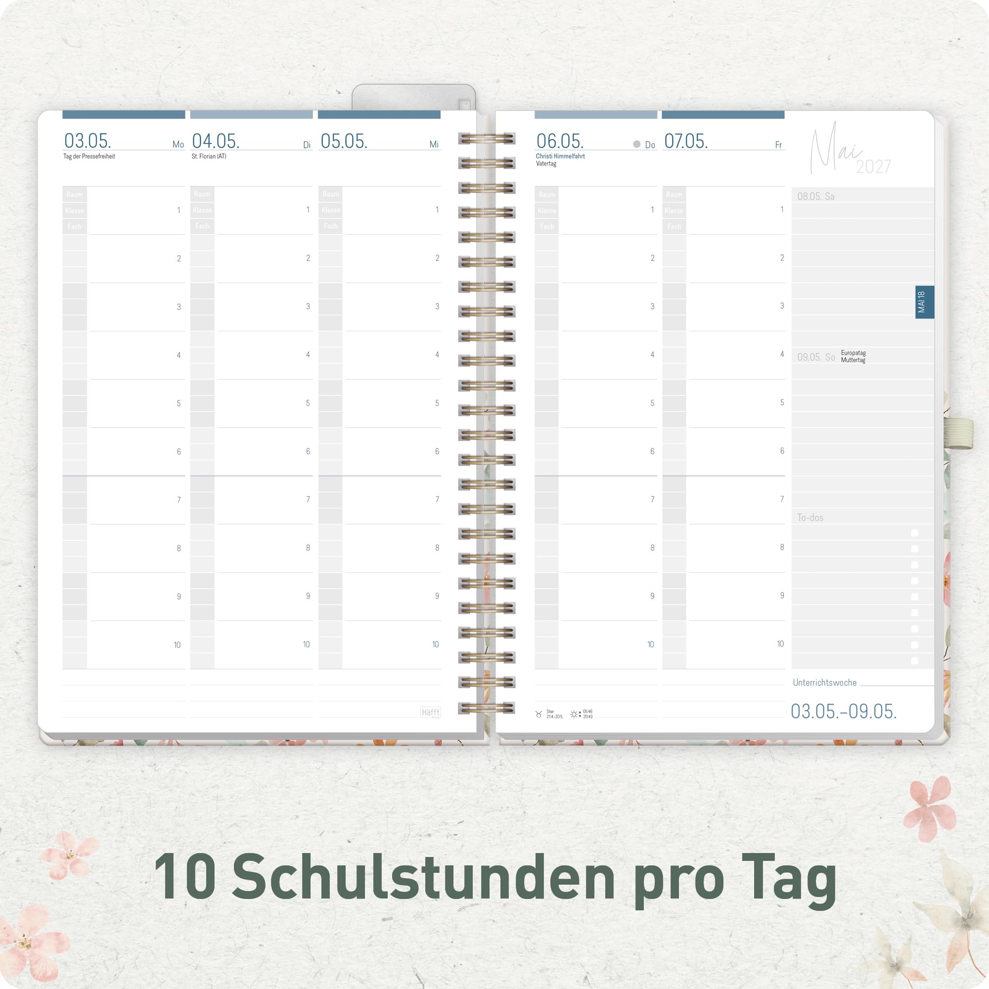 Häfft® Lehrerplaner 2026/2027 A4+ Deluxe – Großer Lehrerkalender & Schulplaner 26/27 mit Hardcover & Spiralbindung "Wild Blossoms" – Für Grundschule, weiterführende Schulen & Referendariat