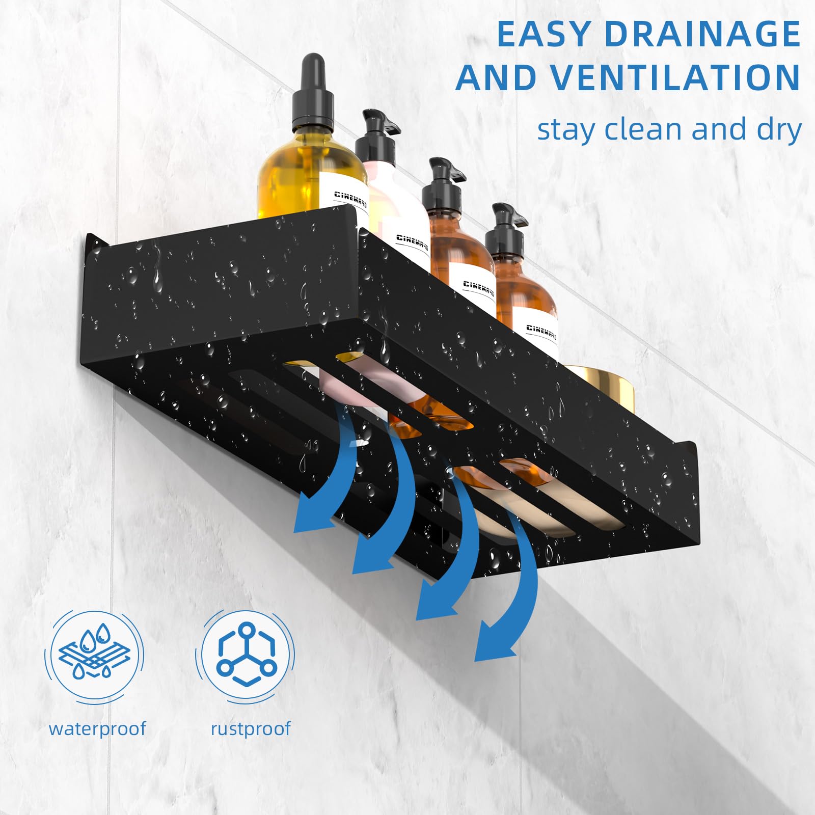 Wisfame Mensola Doccia Set da 2, Mensola da Bagno in Metallo con 8 Ganci, Porta Bagnoschiuma da Doccia Adesiva, Senza Foratura, Antiruggine (Nero.30cm)