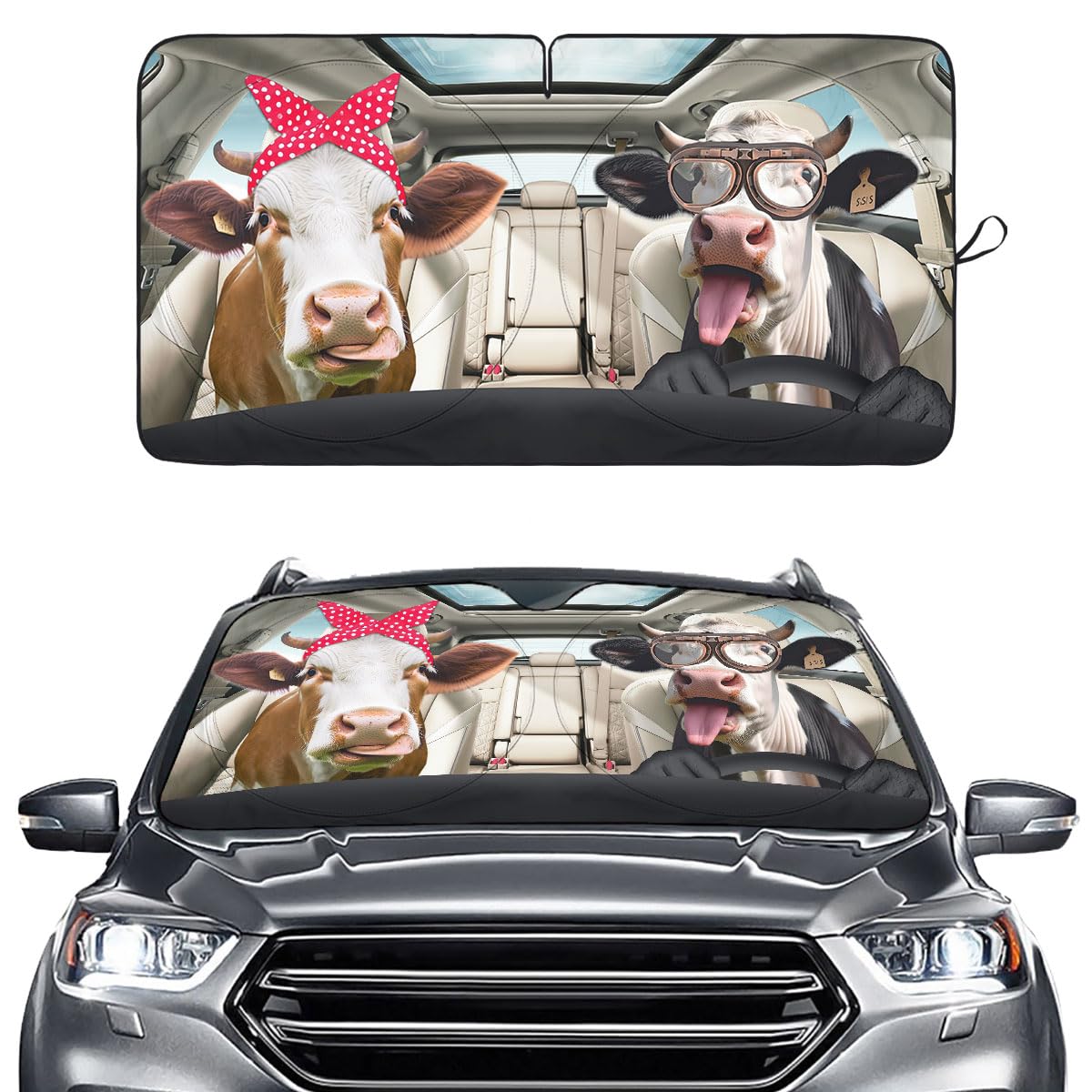 GENANY Cute Cow Couple Funny Windshield Sun Shade for Car SUV Truck (64x32 Inches), Automobile Sunshade, Protector Blocks UV, Spring Car Decor